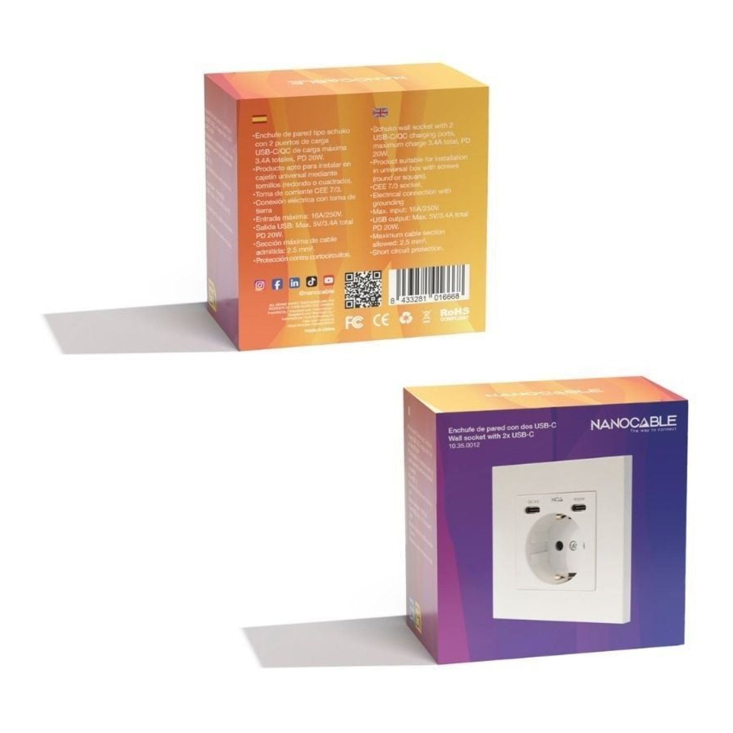 Nanocable · Roseta de Pared · 1 Schuko + 2 USB