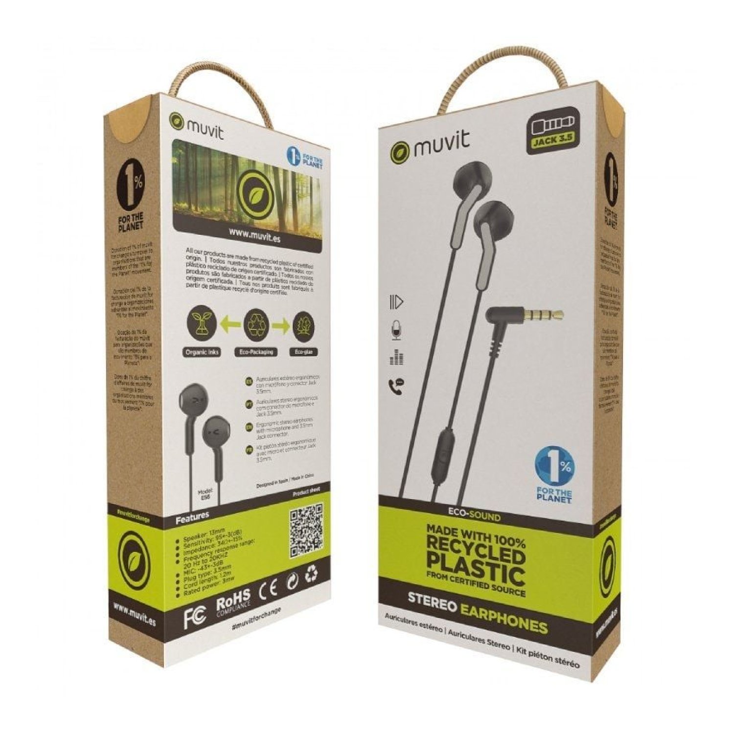 Muvit for Change · Auriculares Intrauditivos · Jack 3.5mm · Micrófono · Negros