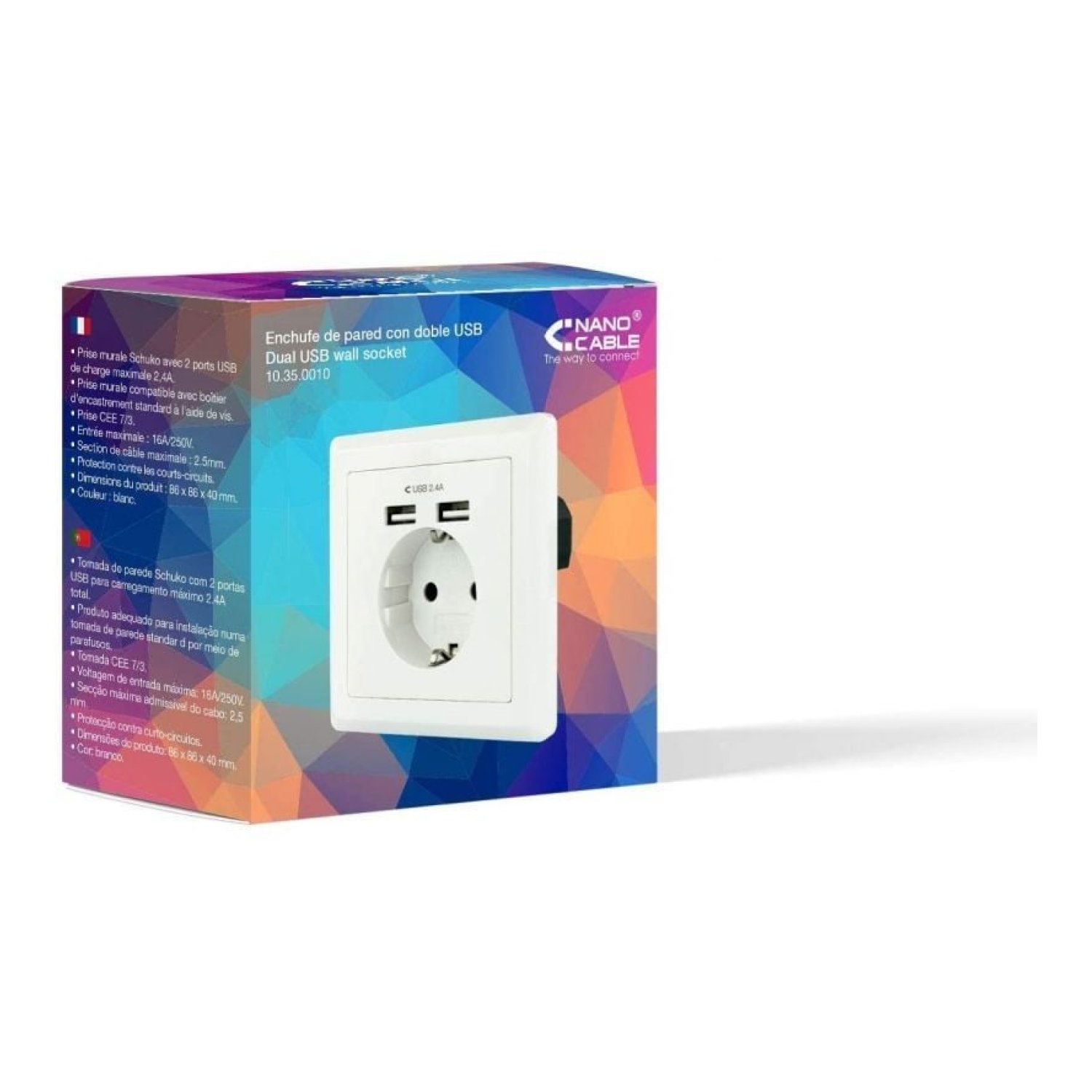 Nanocable Roseta de Pared · 1 Schuko · 2 USB · Carga Rápida