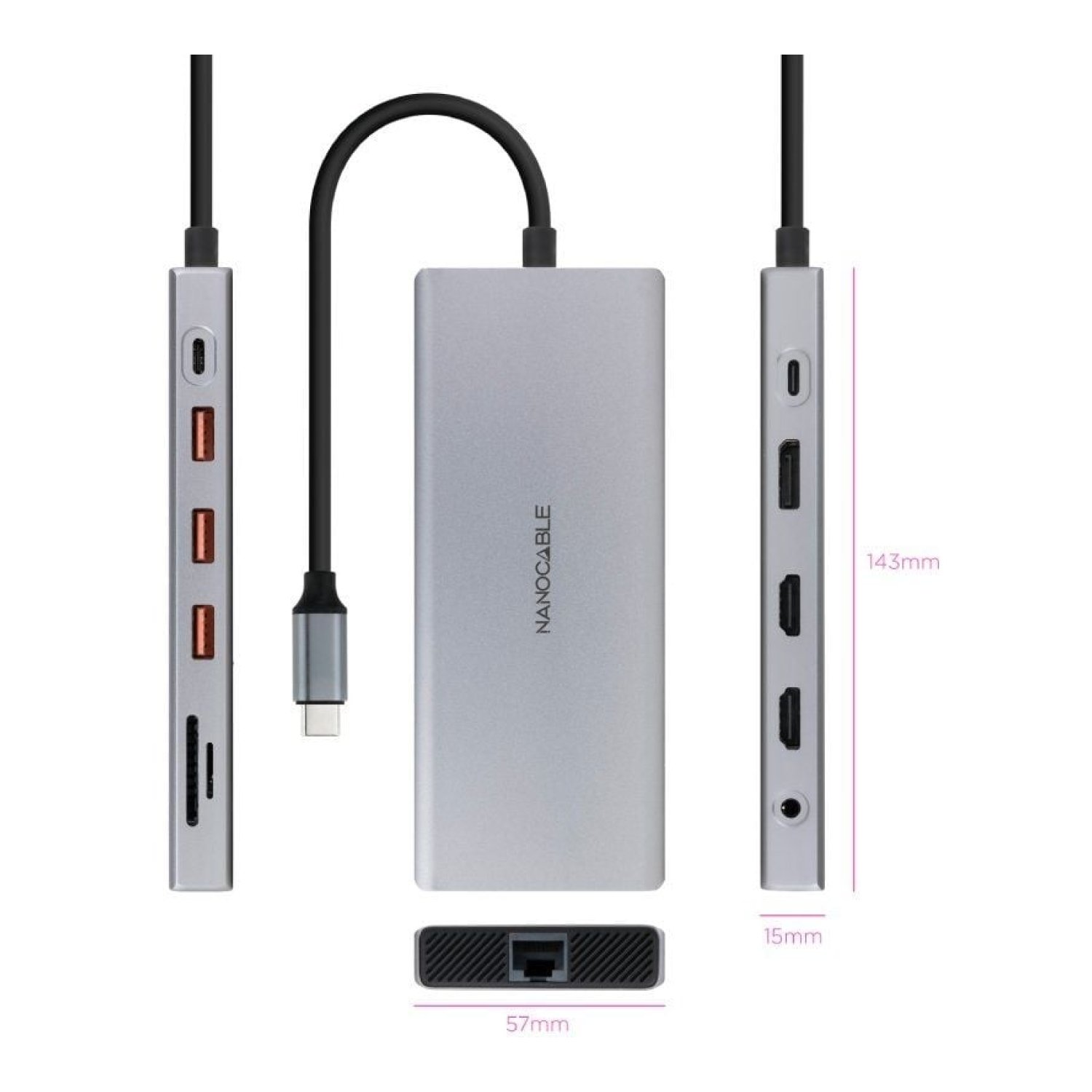Nanocable · Docking USB-C · 3xUSB · 2xHDMI 4K · DisplayPort · RJ45 · Gris