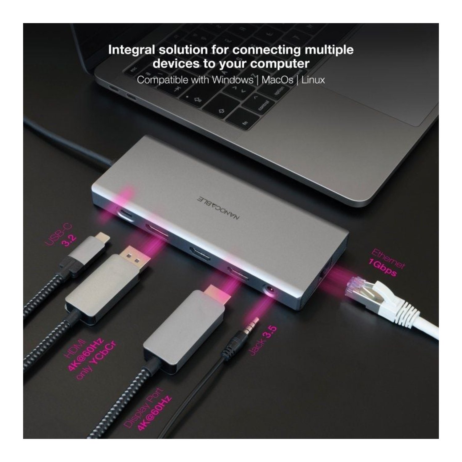 Nanocable · Docking USB-C · 3xUSB · 2xHDMI 4K · DisplayPort · RJ45 · Gris