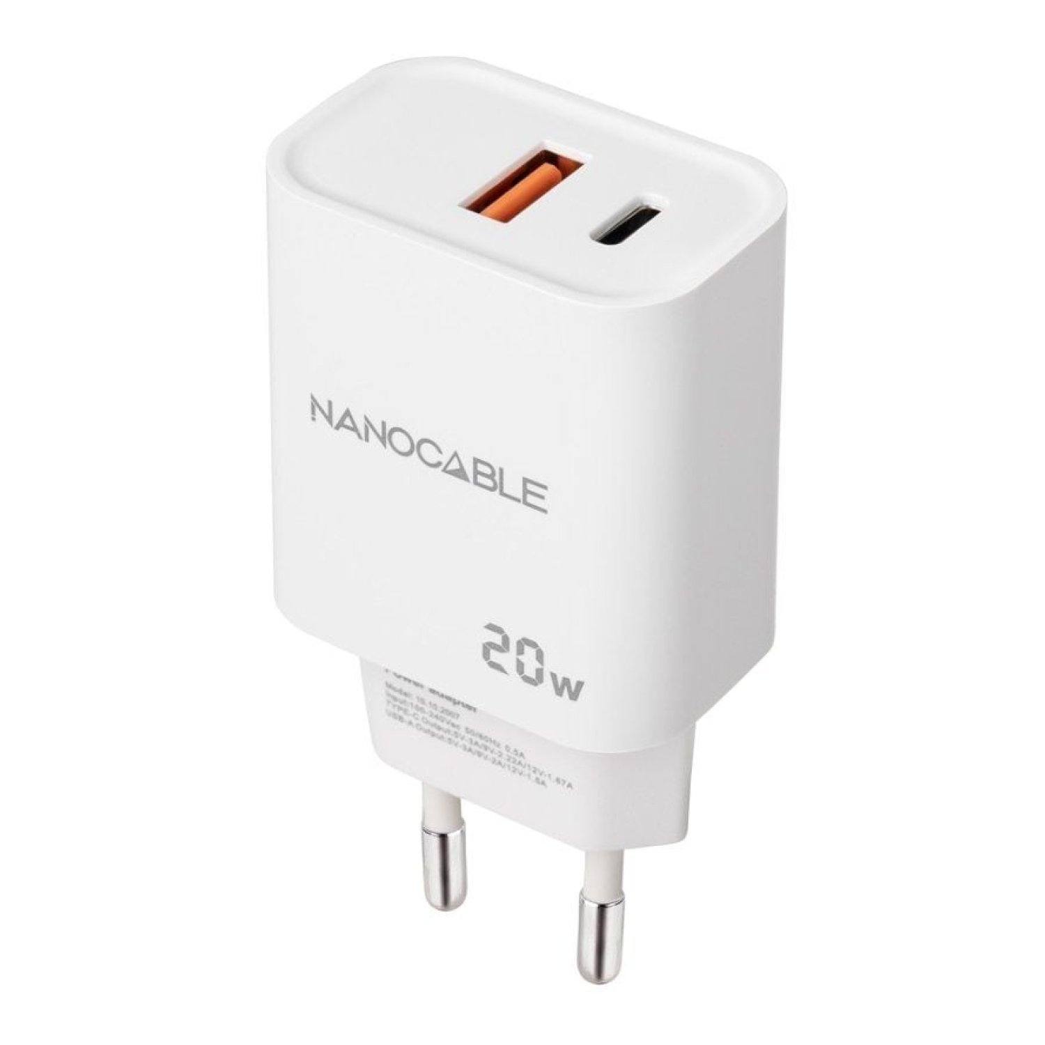 Nanocable Cargador de Pared · 1 USB + 1 USB-C · 20W · Blanco