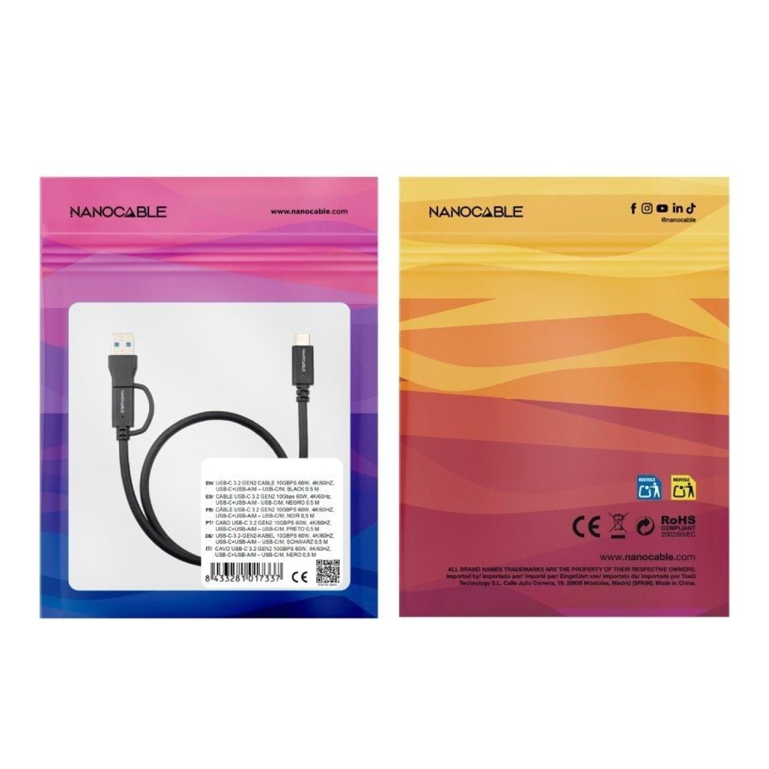 Nanocable Cable USB 3.2 Tipo-C · 60W · 10Gbps · 2m · Negro