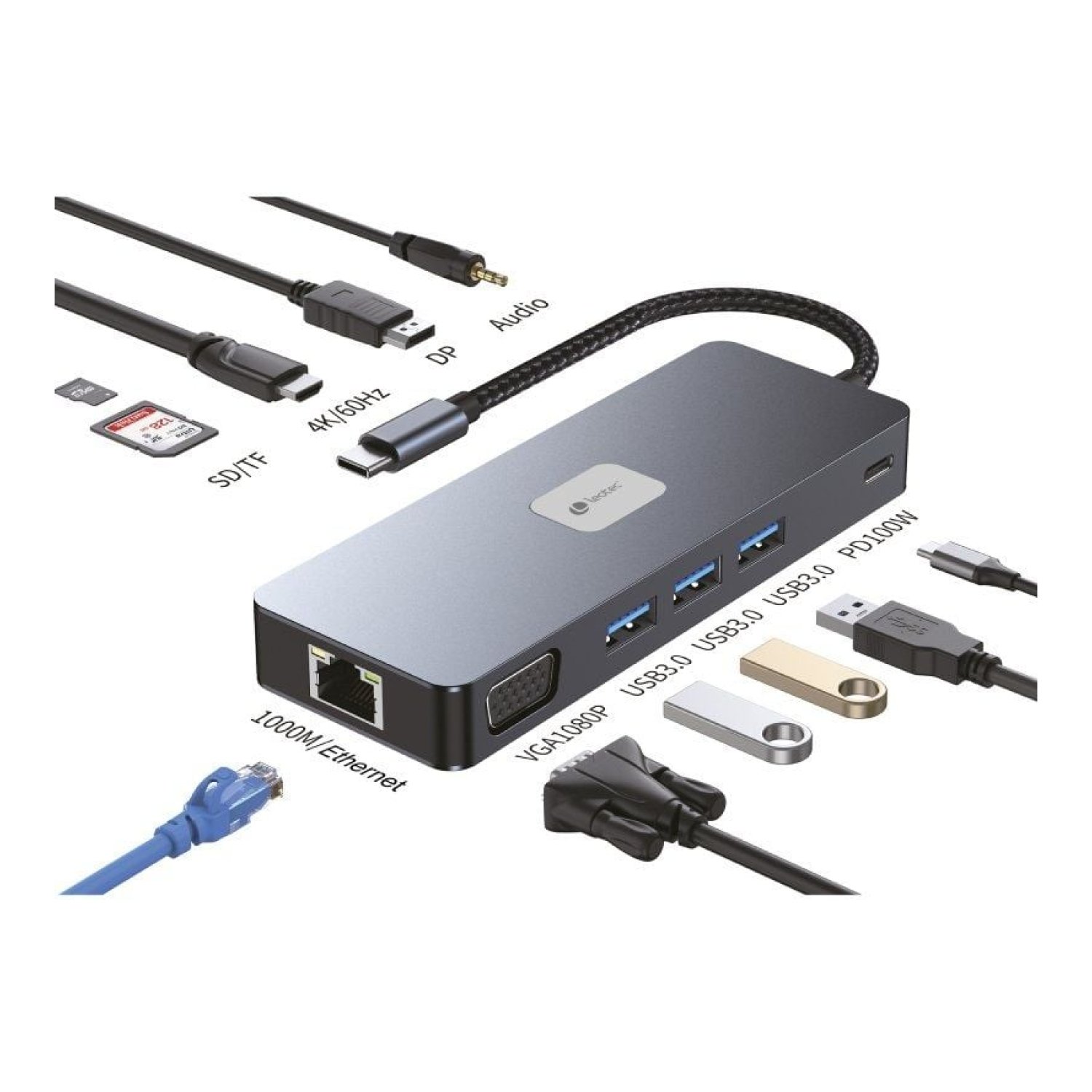 Leotec LEDS03 · Docking USB-C · 3xUSB + HDMI 4K + DisplayPort + RJ45 · Lector SD/MicroSD