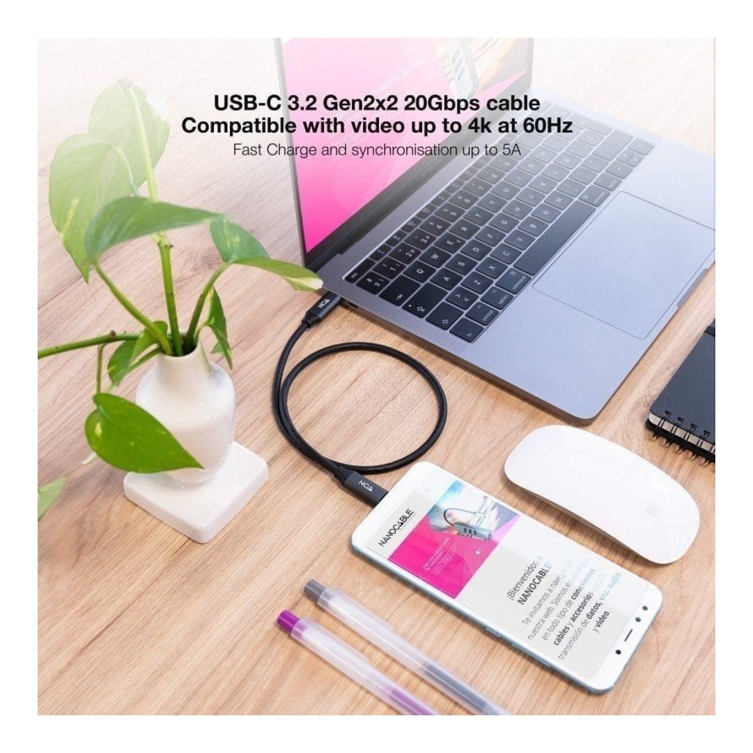 Nanocable Cable USB 3.2 Tipo-C · 3m · Conector Tipo-C Macho a Macho · Gris y Negro