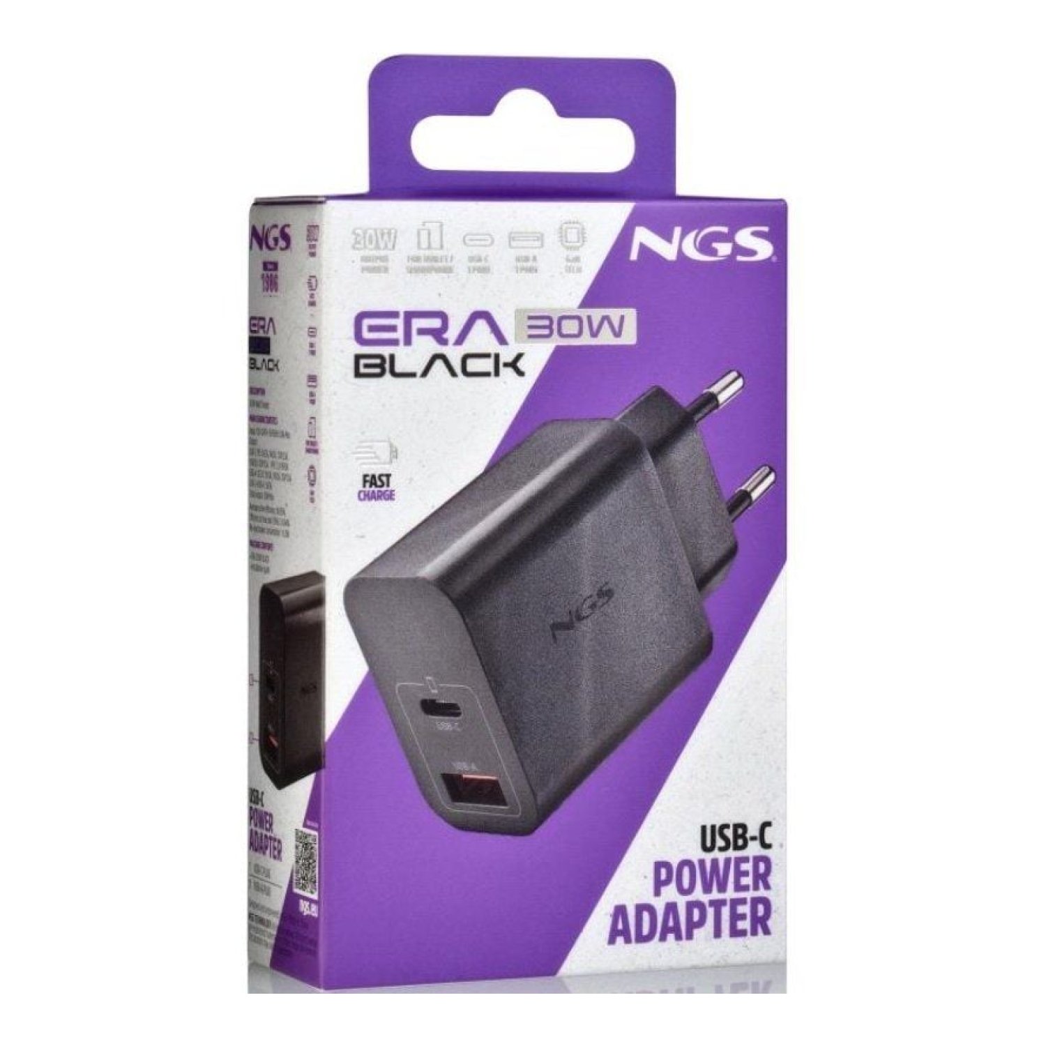 NGS Era Cargador GaN 30W · USB-C + USB · Carga Rápida