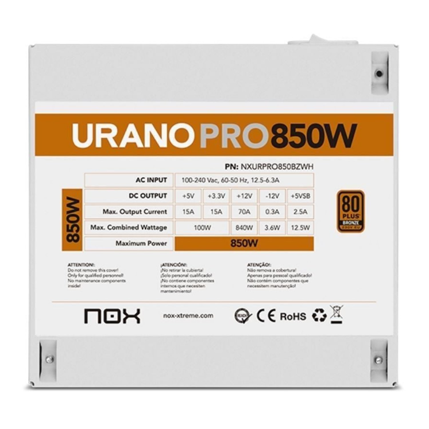 Nox Hummer Urano Pro White · 850W · 80 Plus Bronze · Ventilador 12cm