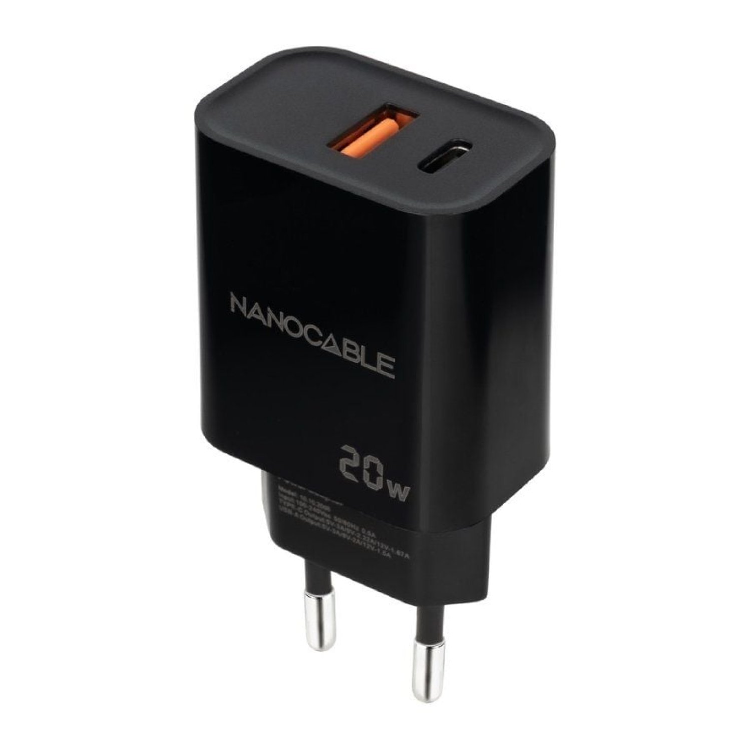 Nanocable · Cargador de Pared · 20W · USB + USB-C · Negro