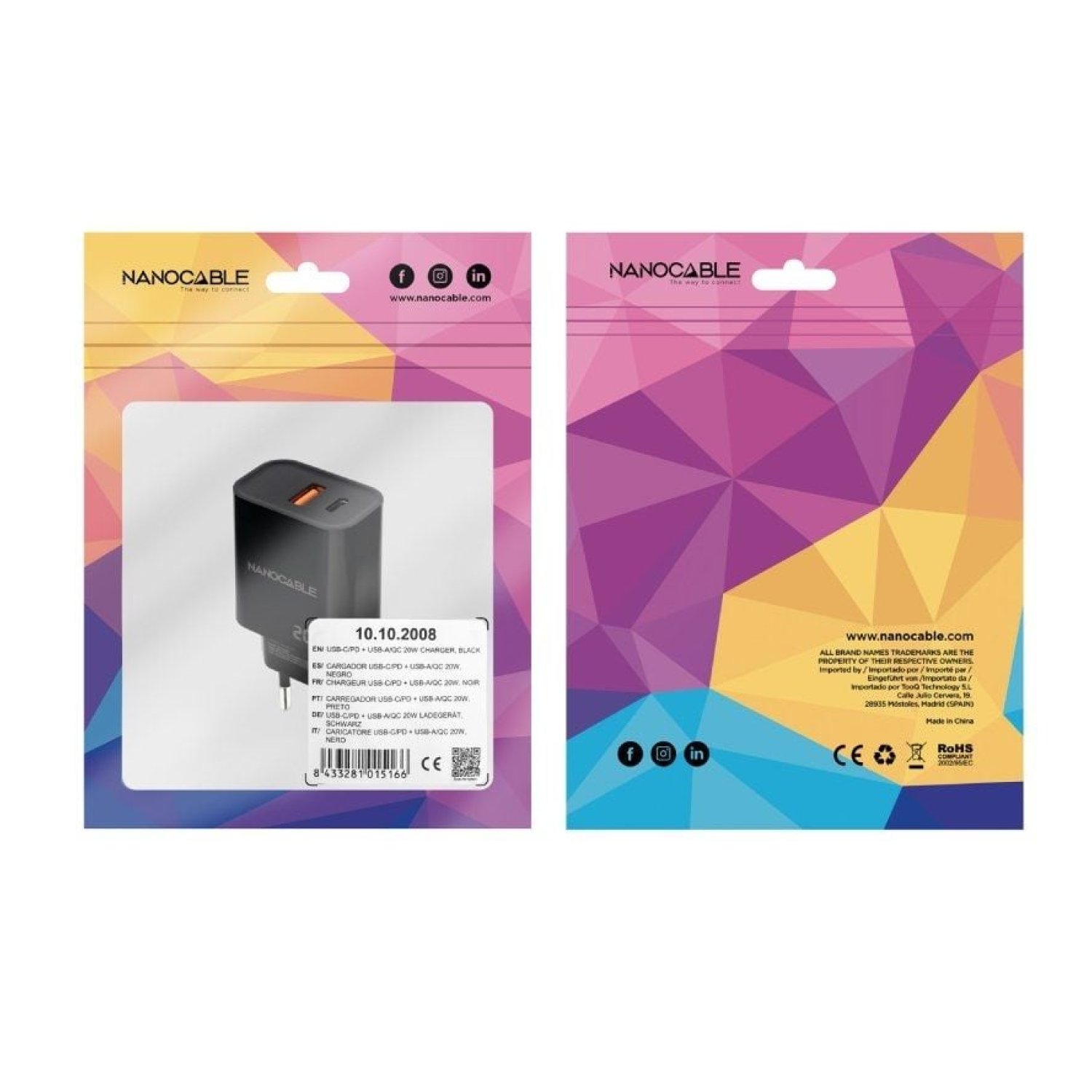 Nanocable · Cargador de Pared · 20W · USB + USB-C · Negro