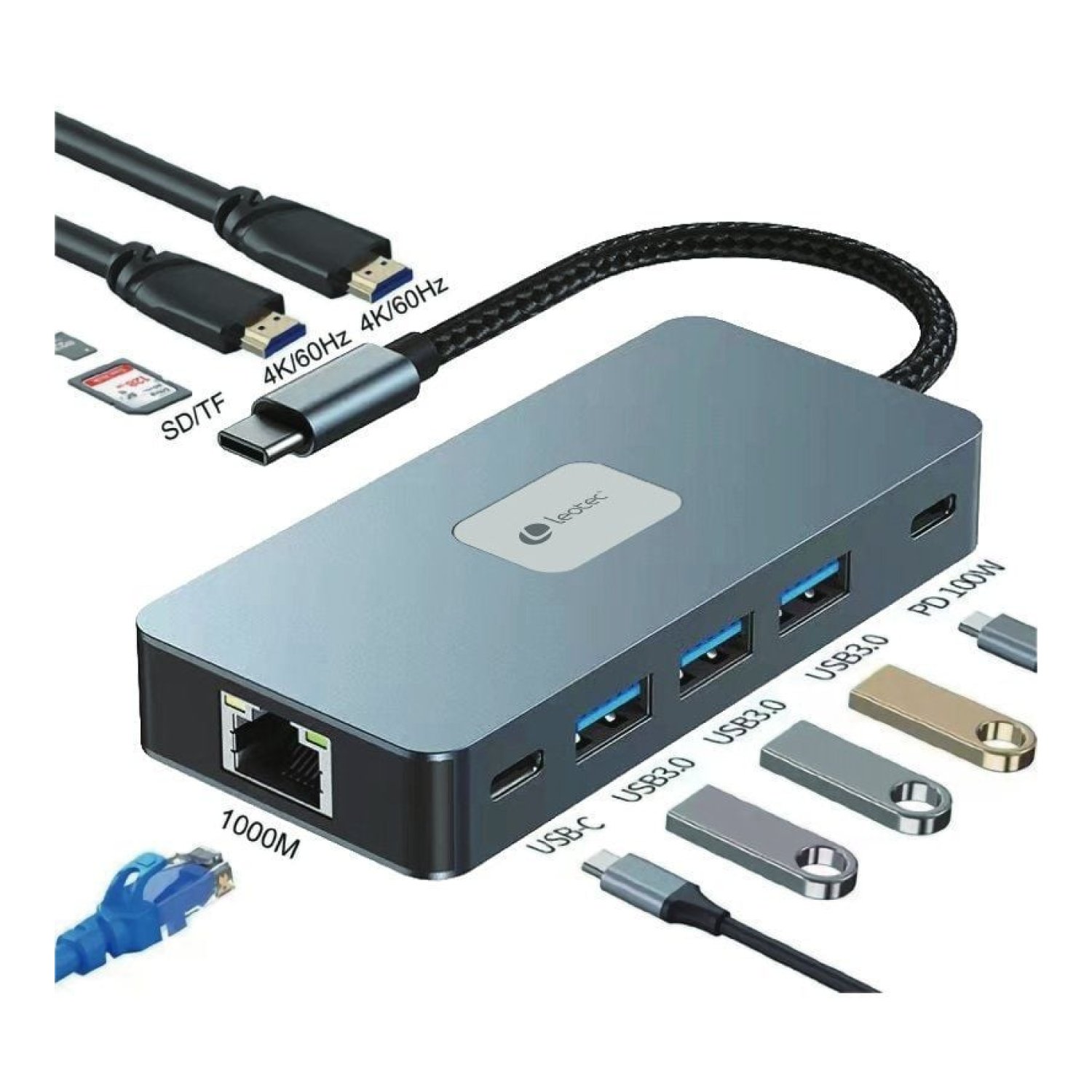 Leotec Docking USB Tipo-C · 3xUSB · 2xHDMI 4K · RJ45 · Lector SD/MicroSD