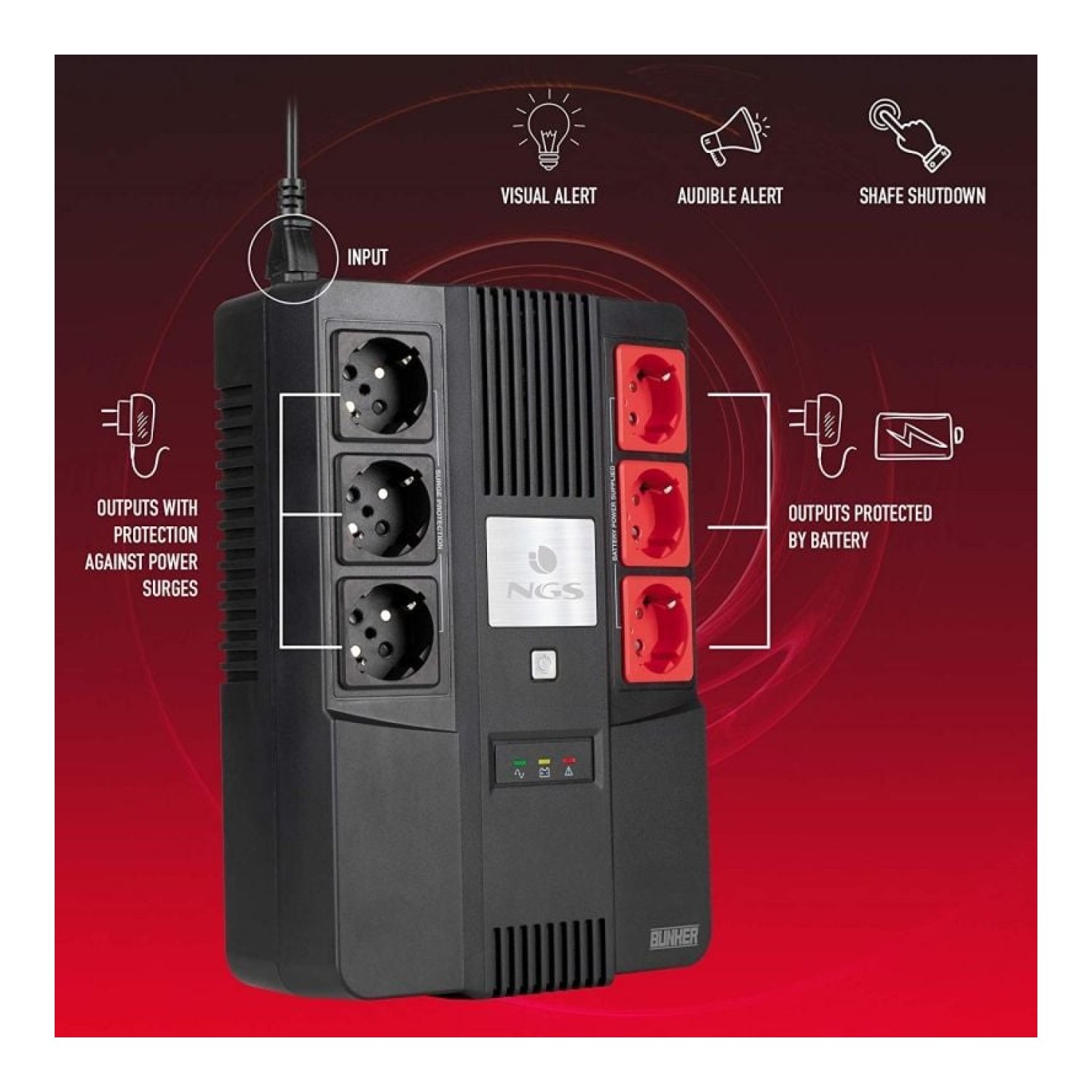 NGS Fortress Bunker · SAI Offline · 600VA-360W · 6 Salidas · Formato Bloque