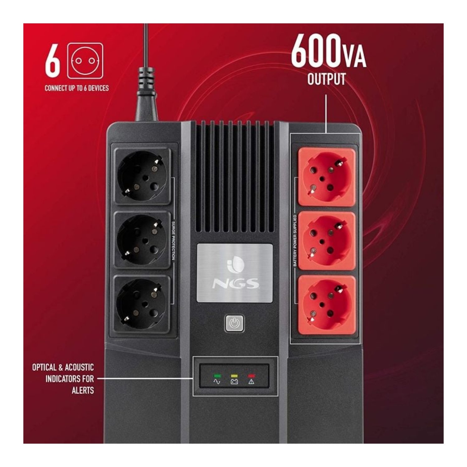 NGS Fortress Bunker · SAI Offline · 600VA-360W · 6 Salidas · Formato Bloque