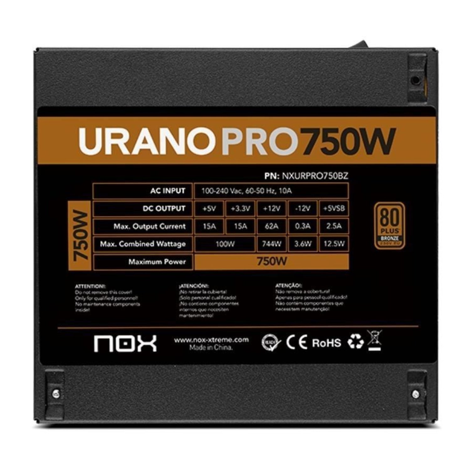 Nox Hummer Urano Pro · 750W · 80 Plus Bronze · Ventilador 12cm