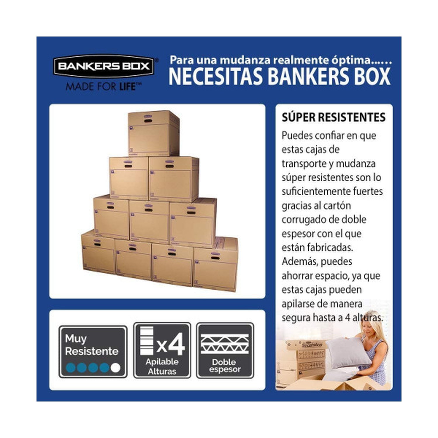 CAJA DE MUDANZA MONTAJE MANUAL L 500X300X300. CARTÓN DOBLE BANKERS BOX 6208201 (10 Uds)