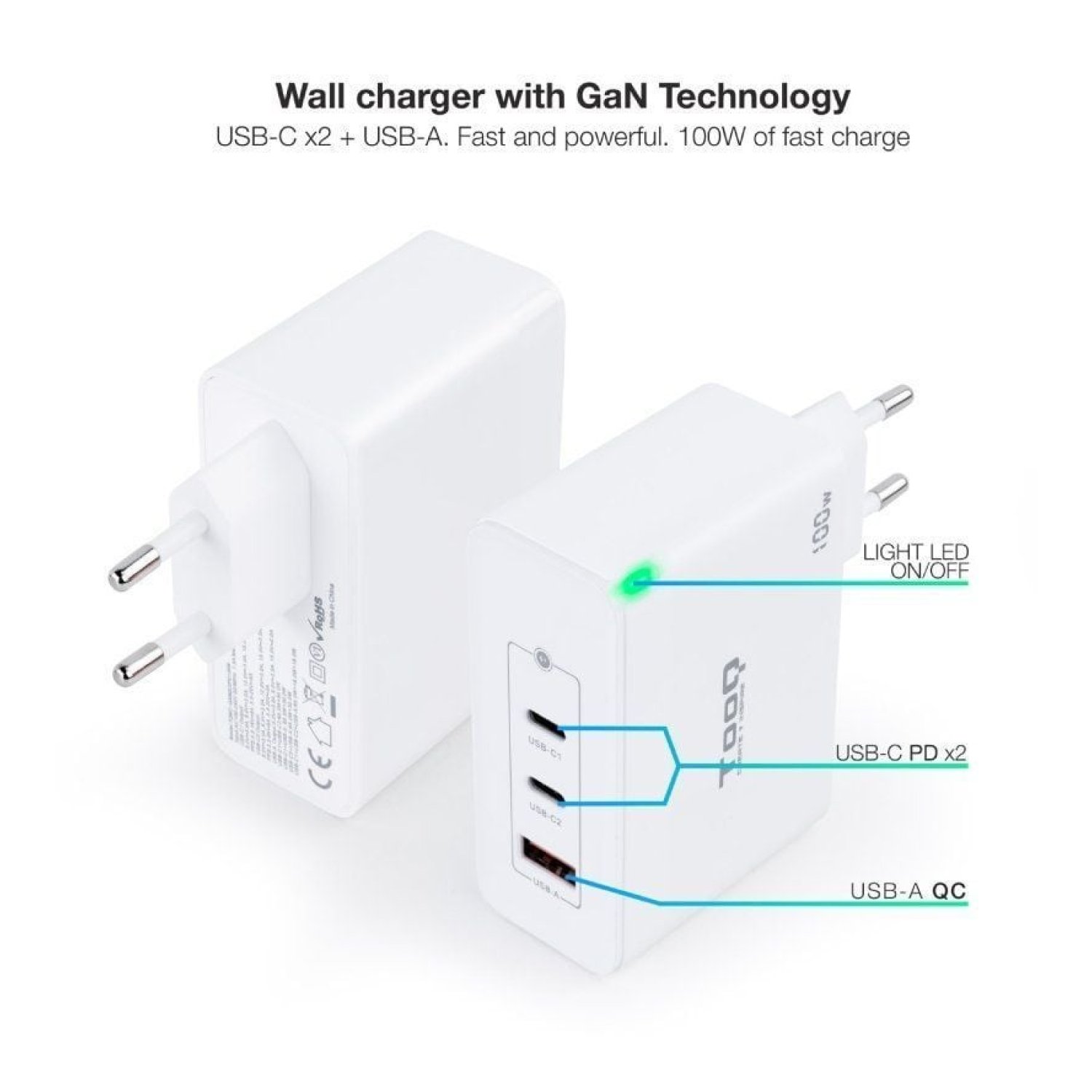 TooQ Cargador GaN 100W · 2x USB-C · 1x USB · Pared