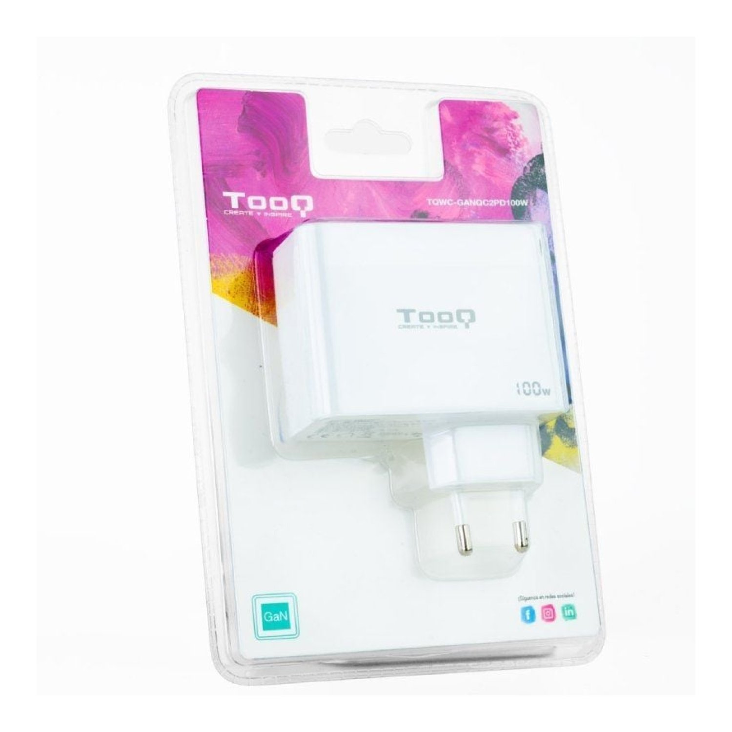 TooQ Cargador GaN 100W · 2x USB-C · 1x USB · Pared