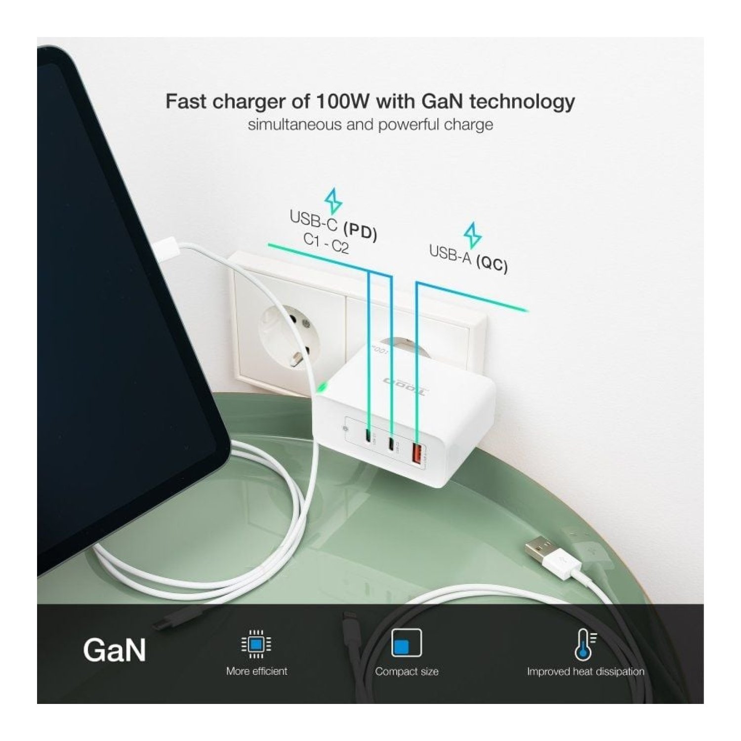TooQ Cargador GaN 100W · 2x USB-C · 1x USB · Pared