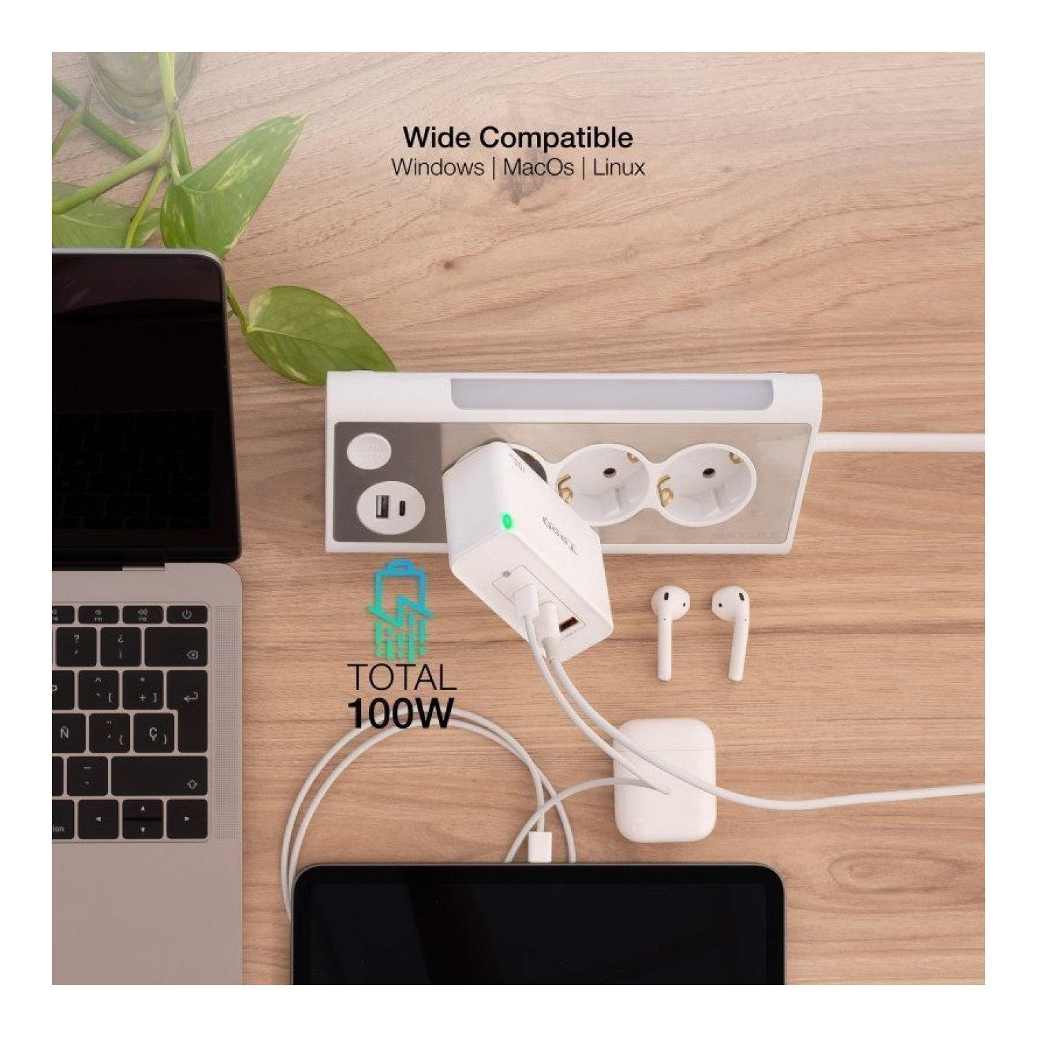 TooQ Cargador GaN 100W · 2x USB-C · 1x USB · Pared
