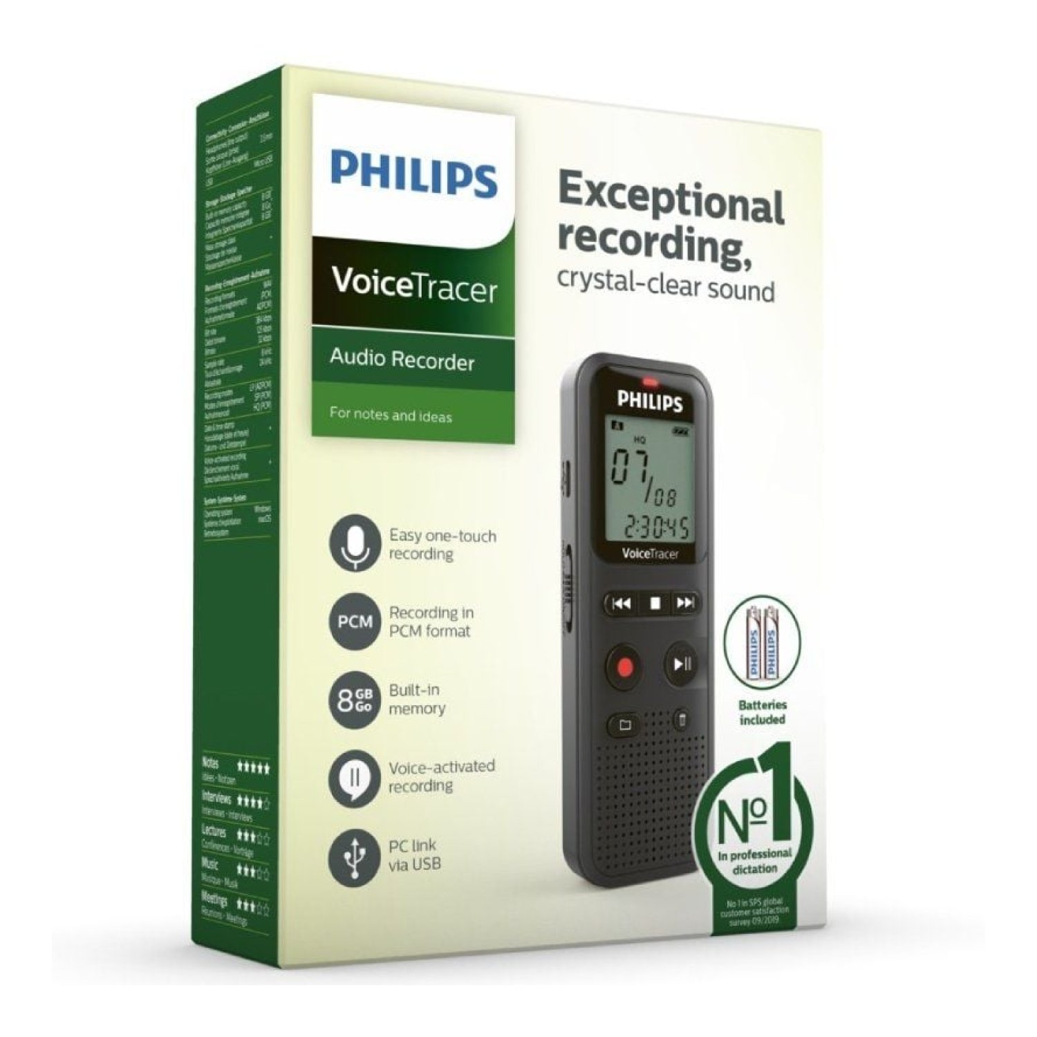 Philips VoiceTracer DVT1160 · Grabadora de Voz · 8 kHz · Negro