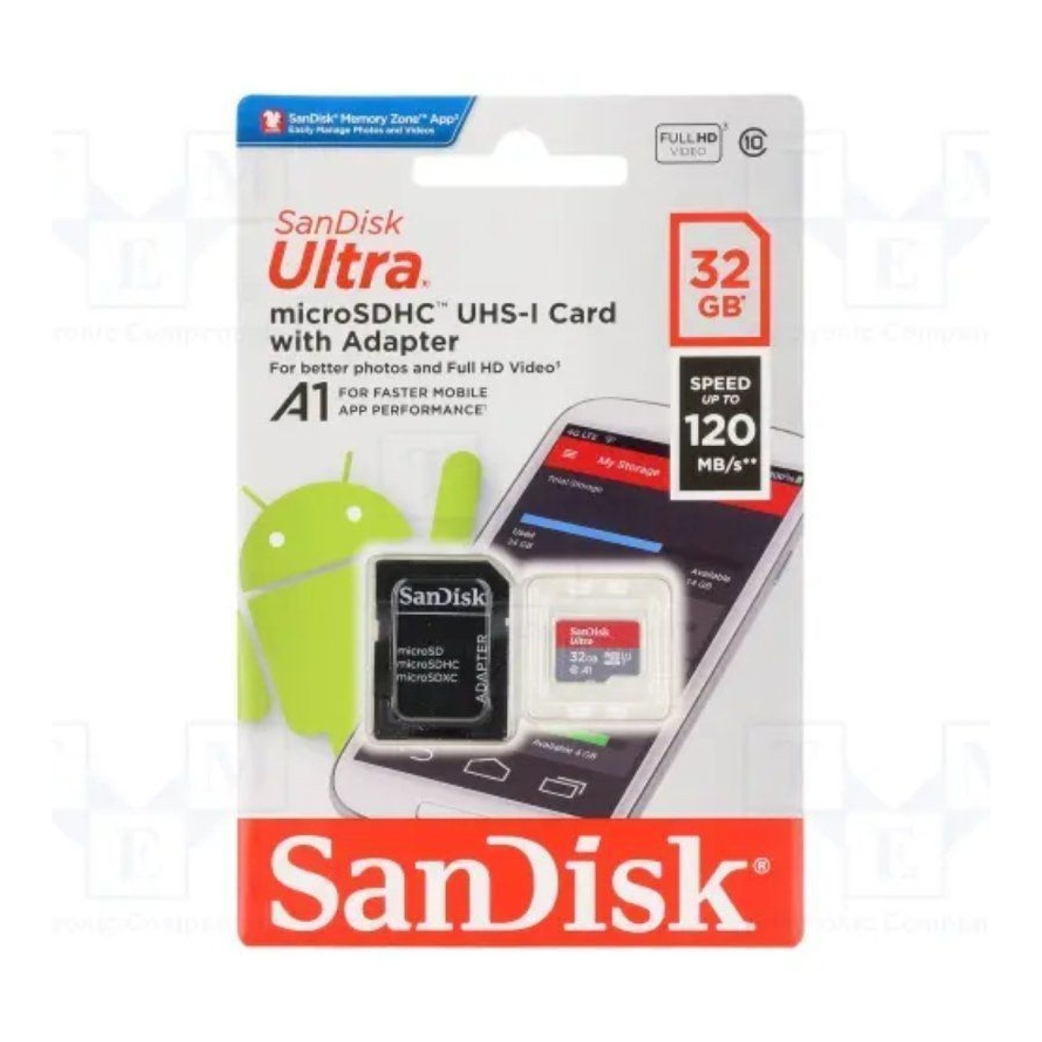 SanDisk Ultra · microSD HC 32GB · Clase 10 · 120MB/s · UHS-I · Adaptador