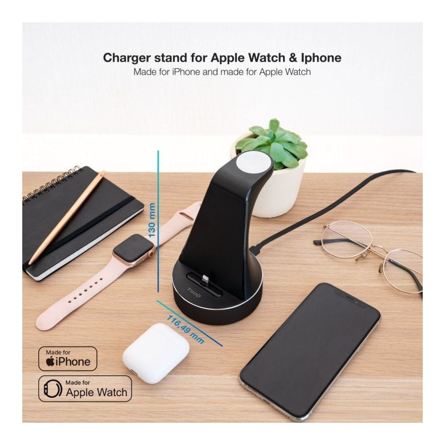 TooQ TQCD02L · Base Carga Inalámbrica · Apple Watch + iPhone