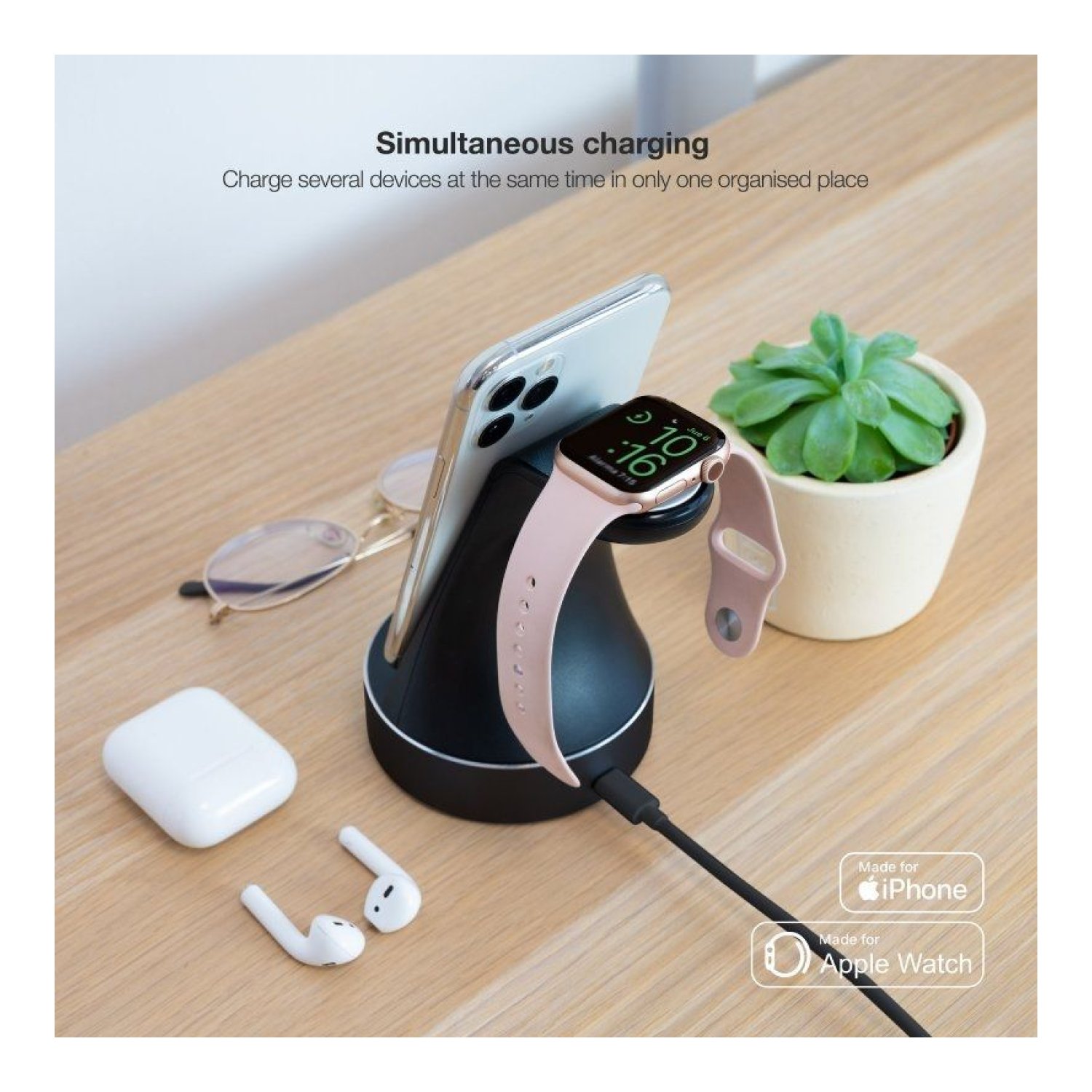 TooQ TQCD02L · Base Carga Inalámbrica · Apple Watch + iPhone