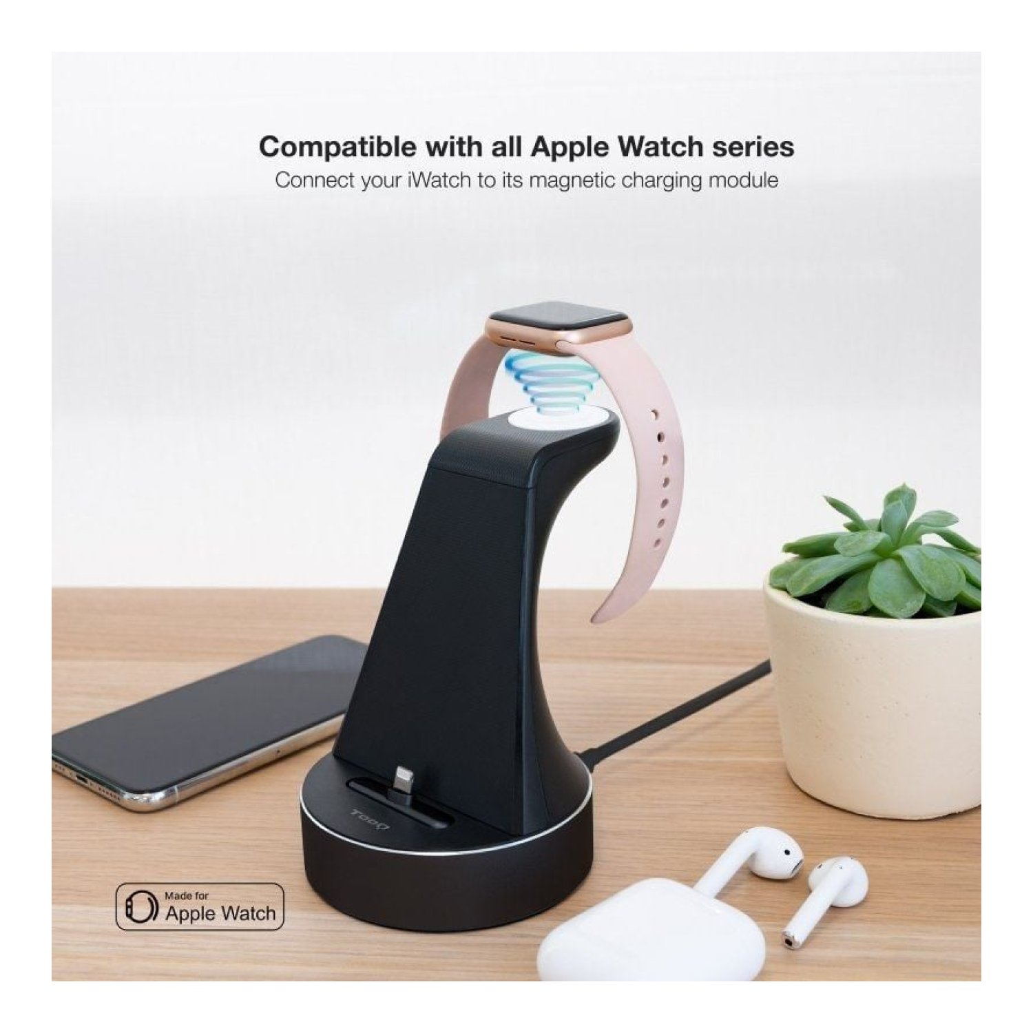TooQ TQCD02L · Base Carga Inalámbrica · Apple Watch + iPhone