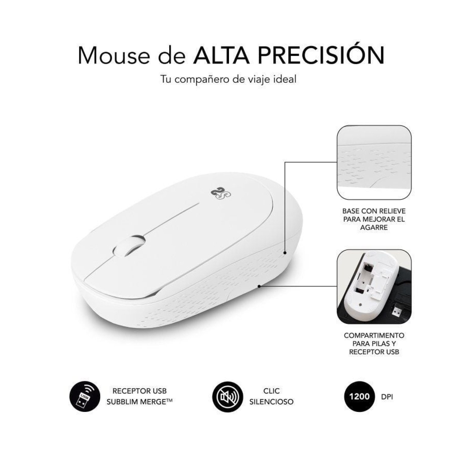 Subblim Business Plus · Ratón Inalámbrico Silencioso · 1200 DPI · Blanco