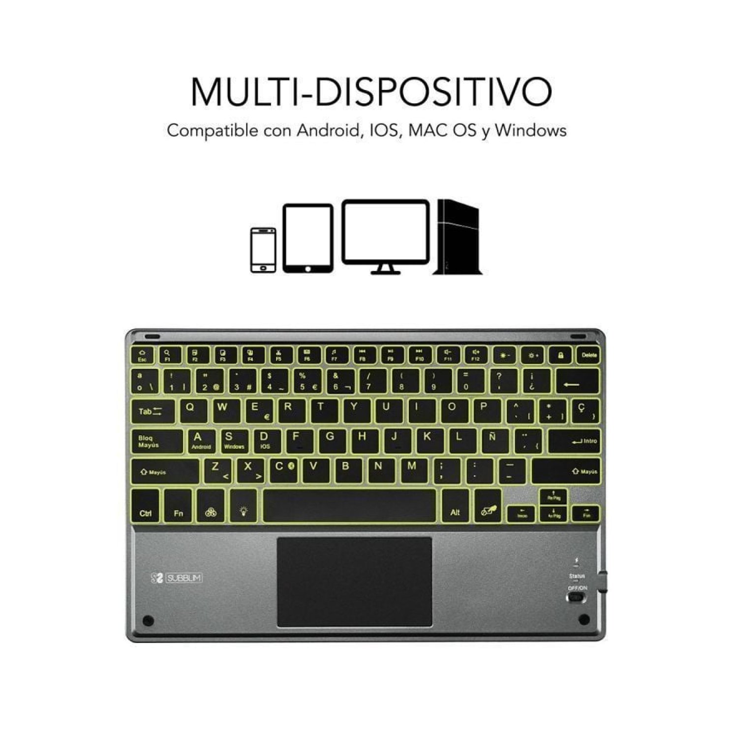 Subblim Teclado Inalámbrico Compacto · Touchpad · Retroiluminado · Gris