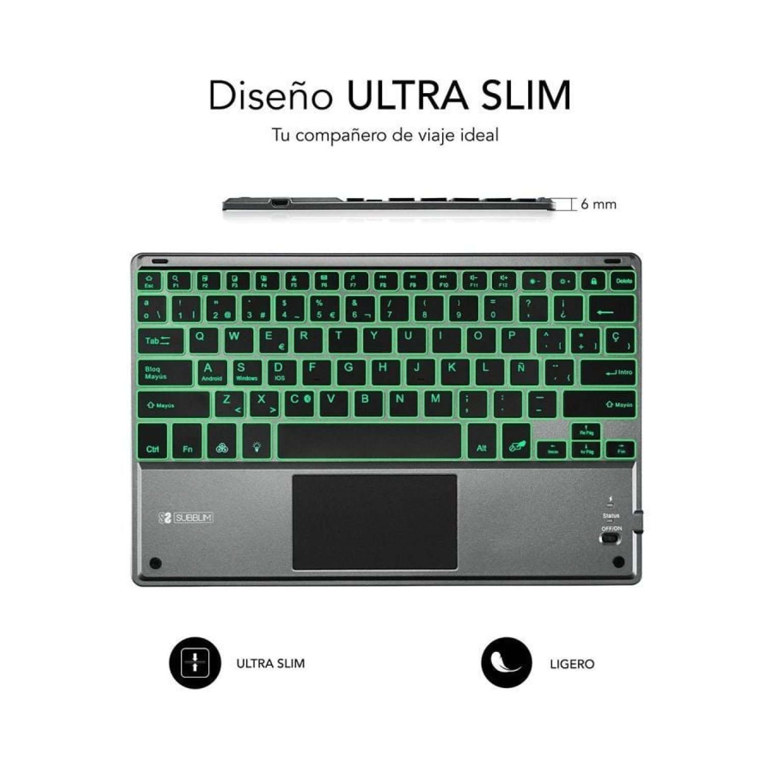 Subblim Teclado Inalámbrico Compacto · Touchpad · Retroiluminado · Gris