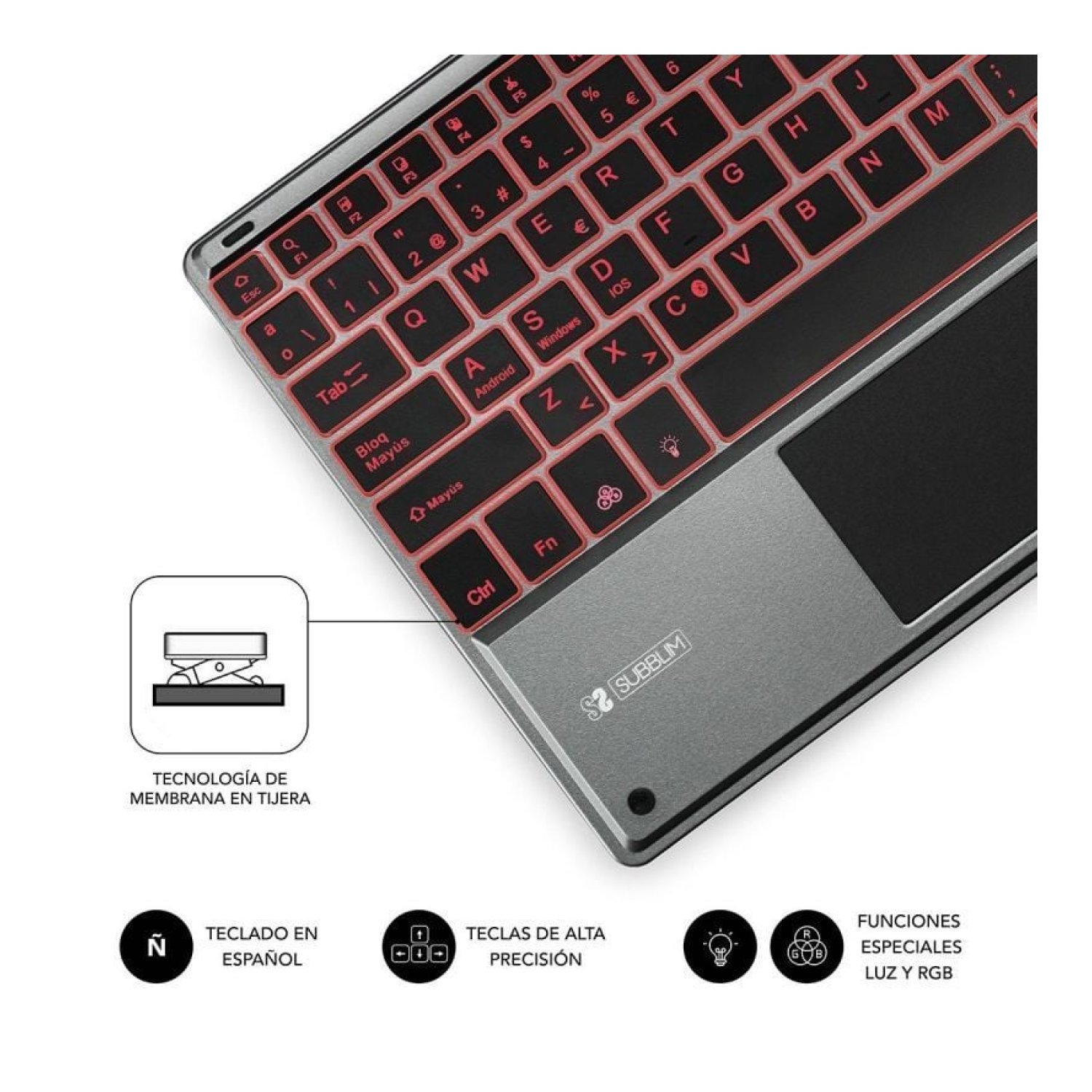 Subblim Teclado Inalámbrico Compacto · Touchpad · Retroiluminado · Gris