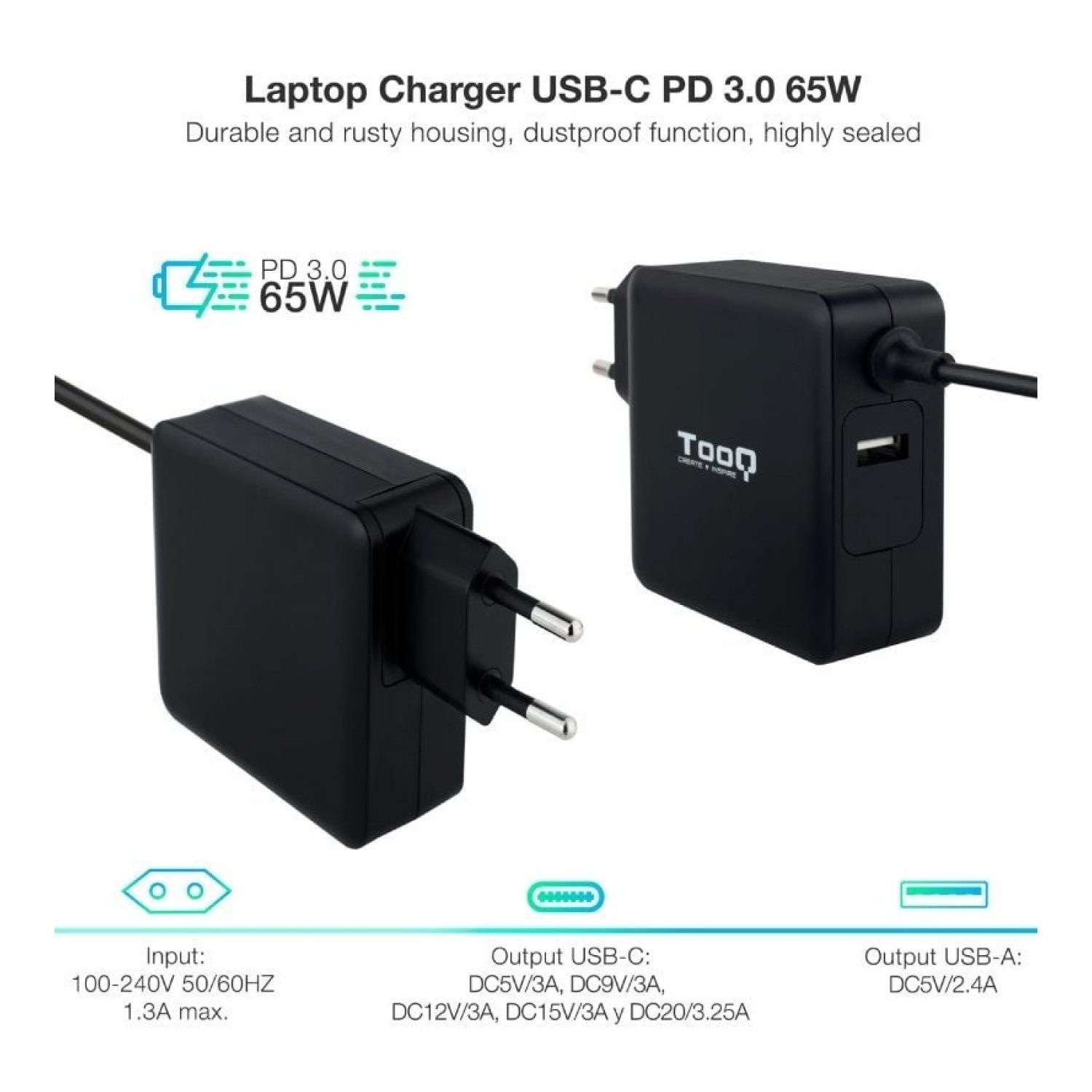 TooQ Cargador USB-C · 65W · 1x USB · 5-20V · Automático