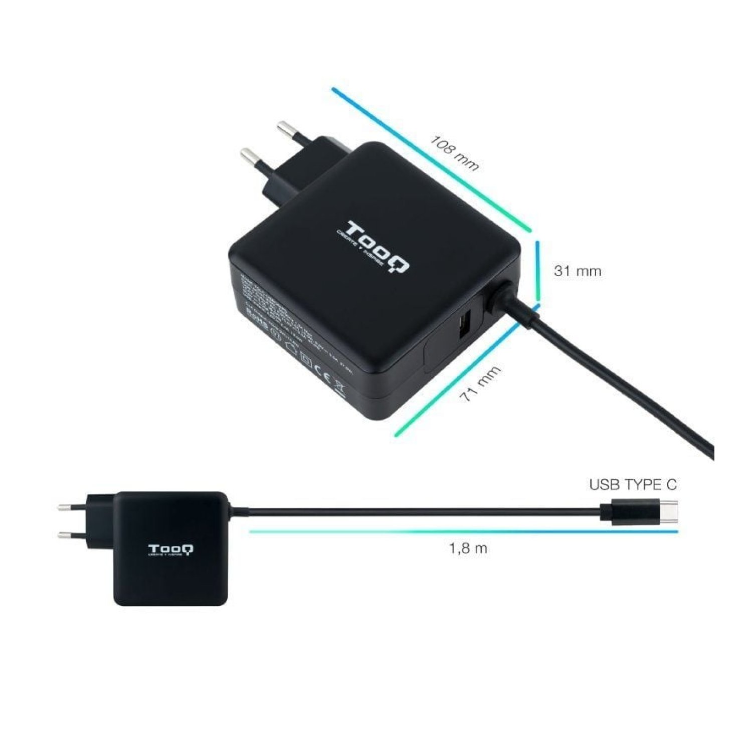 TooQ Cargador USB-C · 65W · 1x USB · 5-20V · Automático