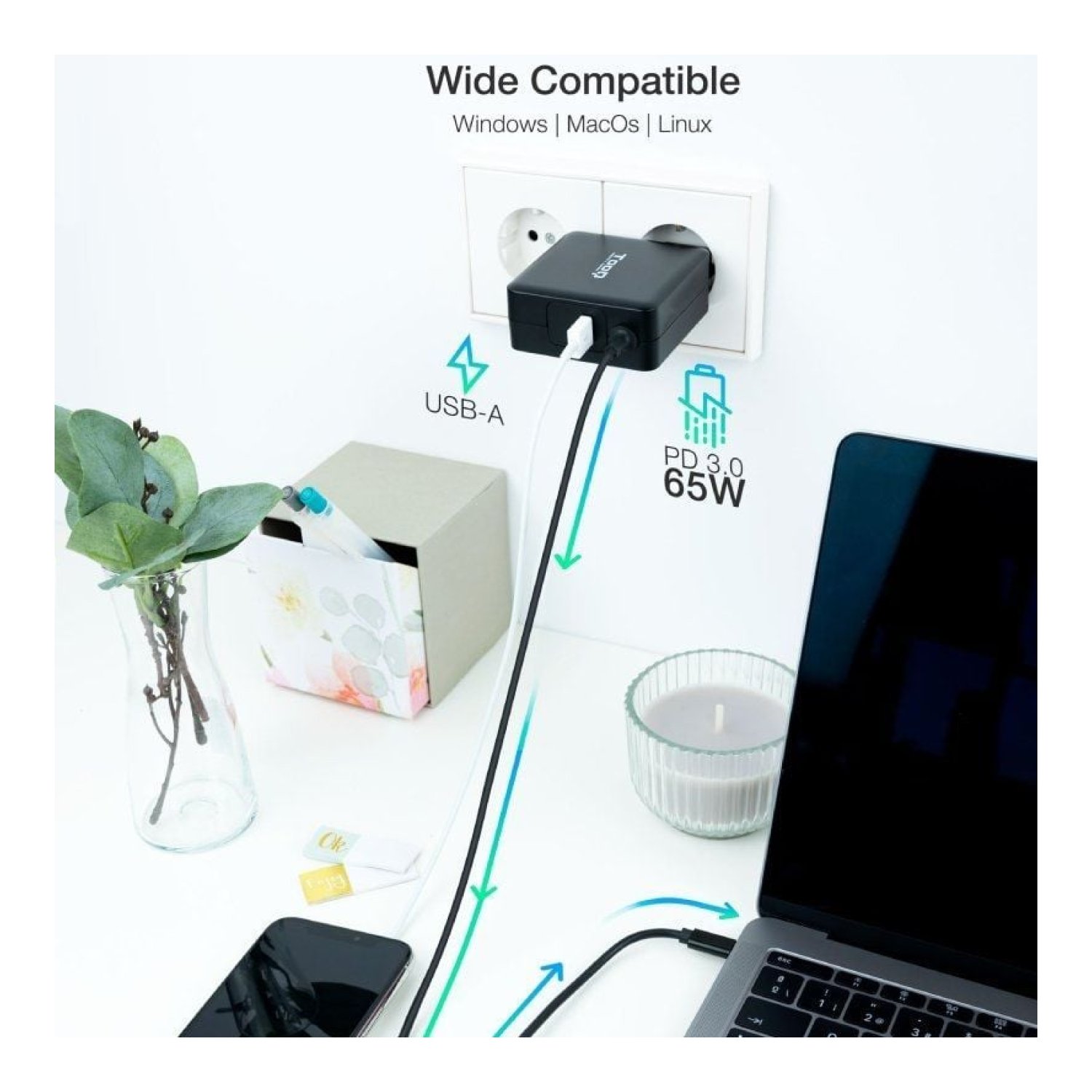 TooQ Cargador USB-C · 65W · 1x USB · 5-20V · Automático