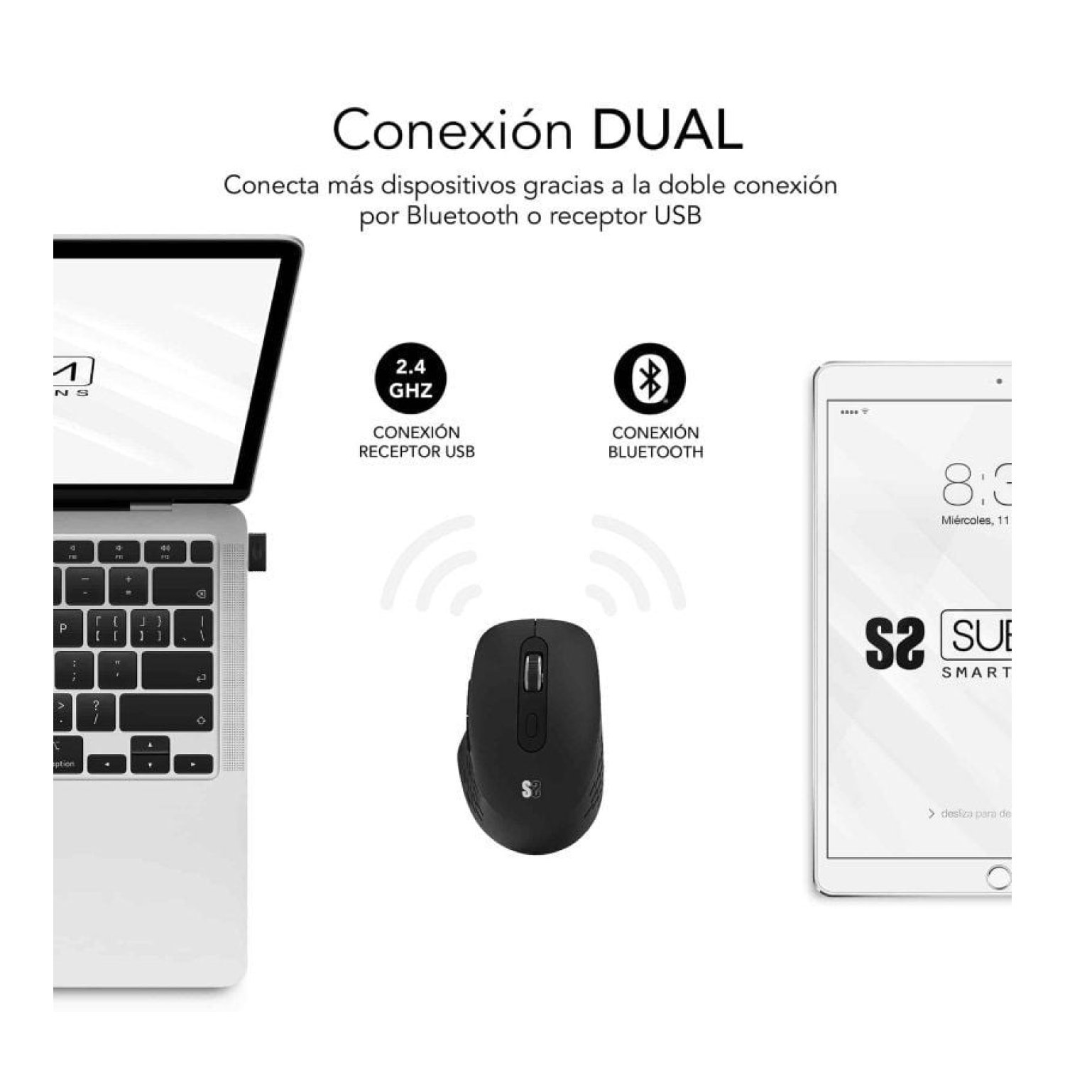 Subblim Curve Ergo · Ratón Inalámbrico Ergonómico · Batería Recargable · 1600 DPI · Negro
