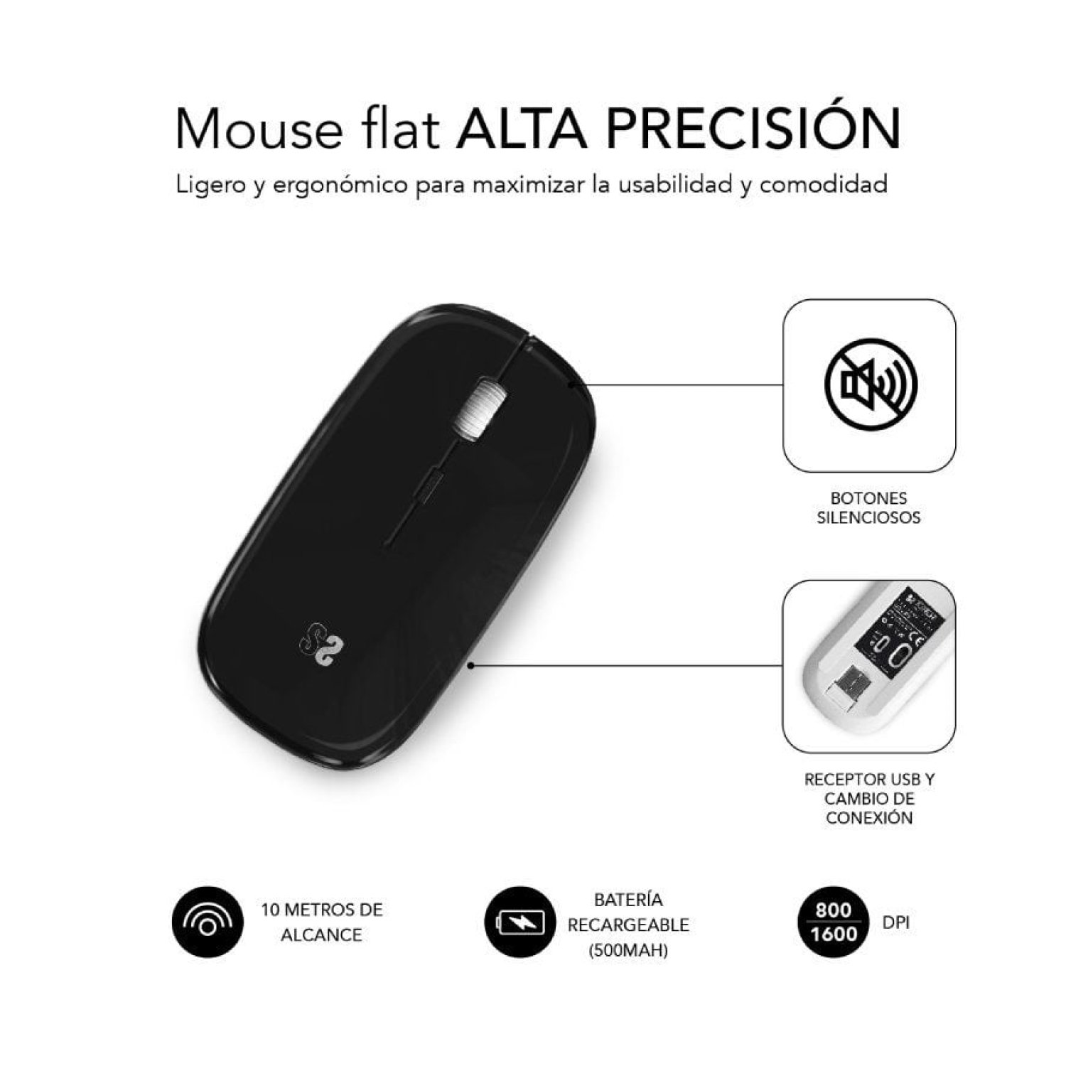 Subblim Dual Flat · Ratón Inalámbrico · 1600 DPI · Batería Recargable