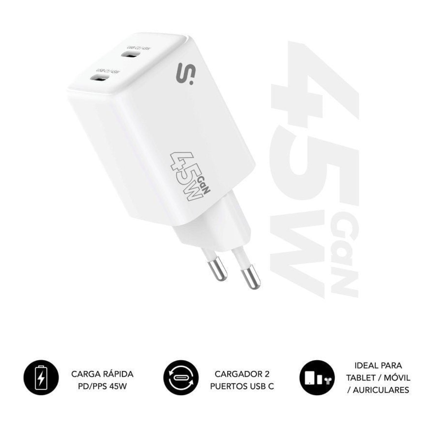 Subblim Cargador GaN 45W · 2x USB-C · Carga Rápida