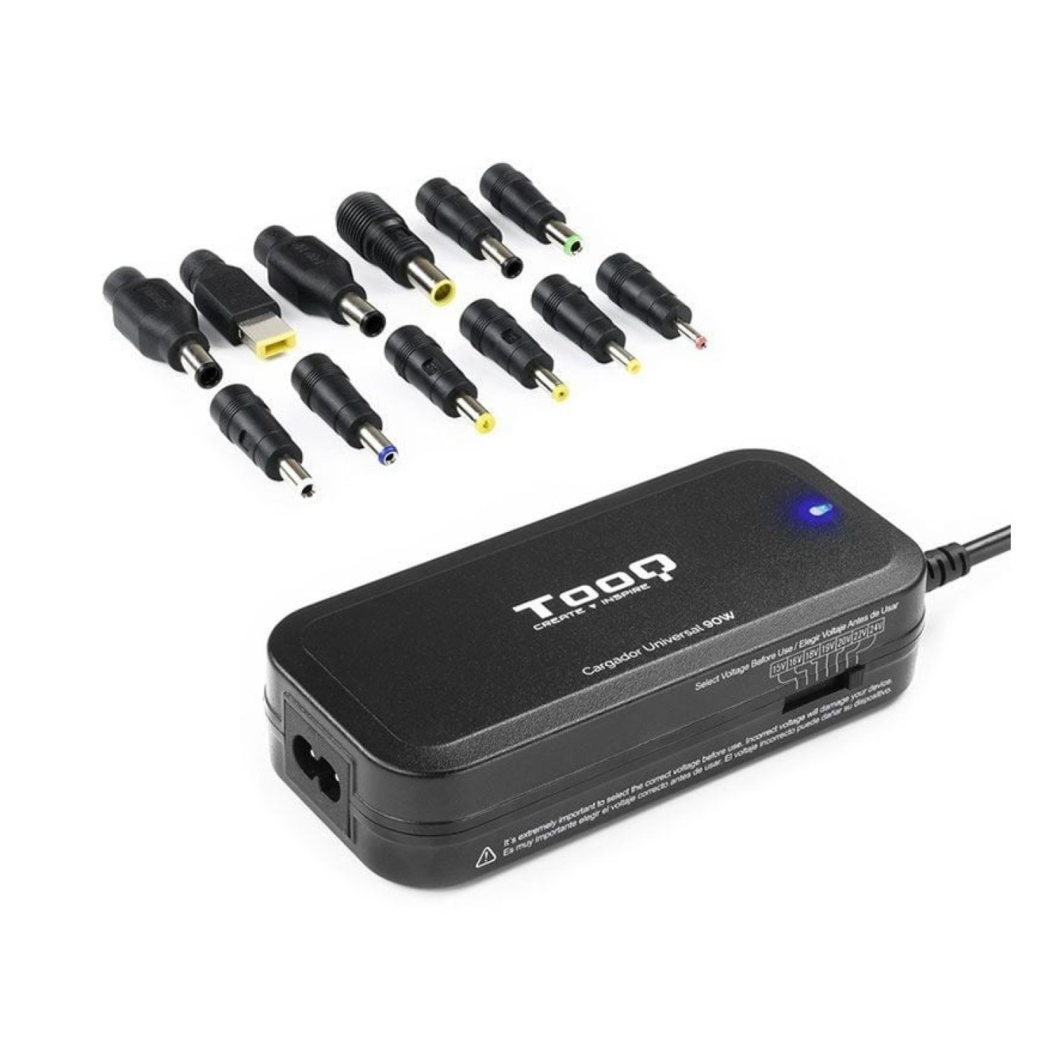 TooQ Cargador Portátil · 90W · 1 USB · 12 Conectores · 15-24V