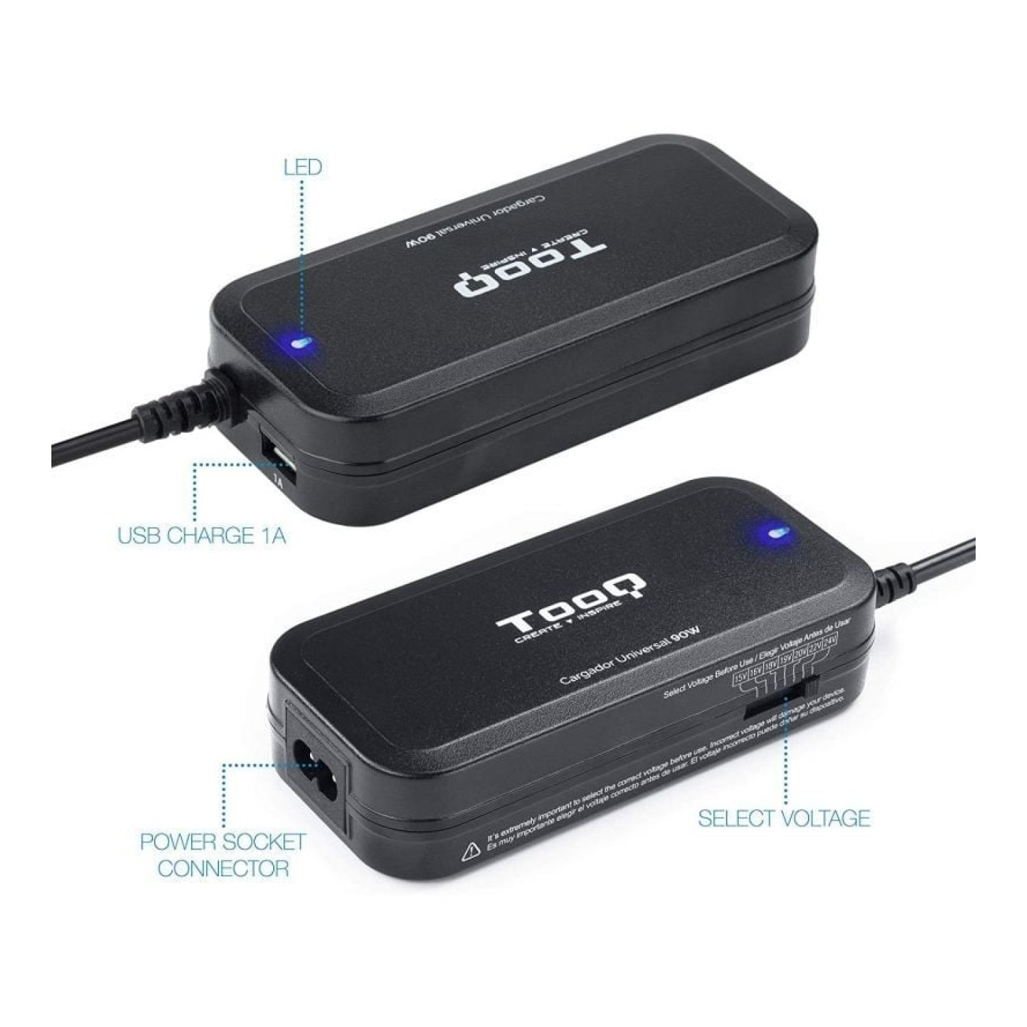 TooQ Cargador Portátil · 90W · 1 USB · 12 Conectores · 15-24V