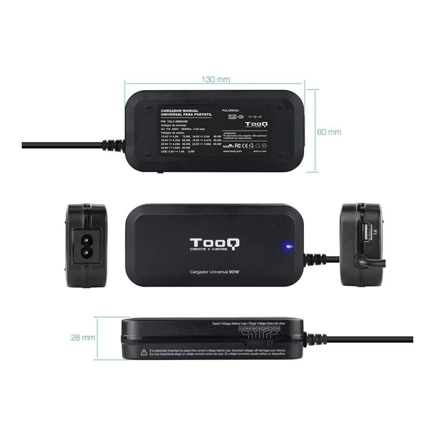 TooQ Cargador Portátil · 90W · 1 USB · 12 Conectores · 15-24V