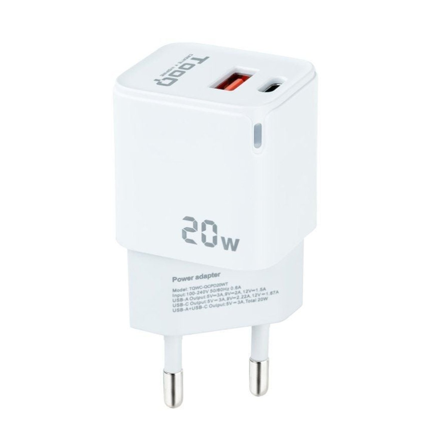 TooQ Cargador Pared · 20W · USB-C + USB · Blanco