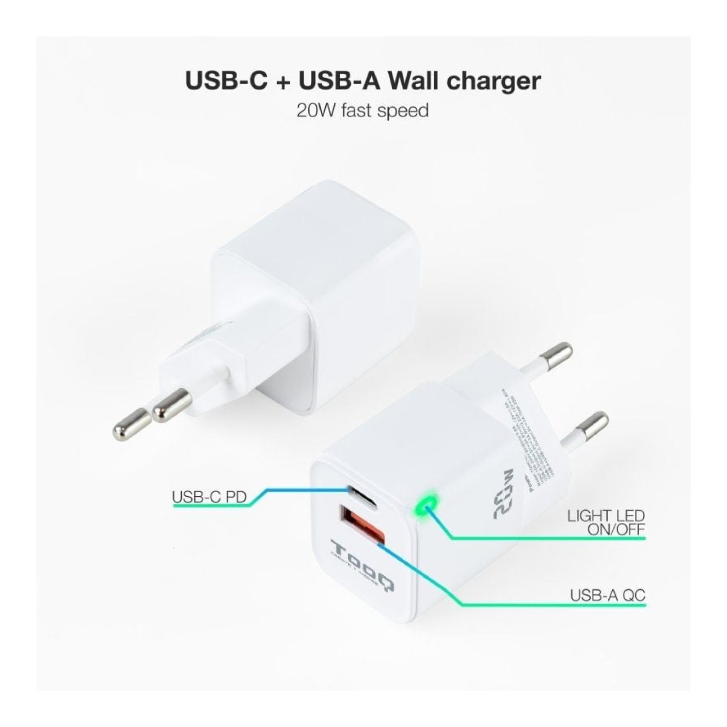 TooQ Cargador Pared · 20W · USB-C + USB · Blanco
