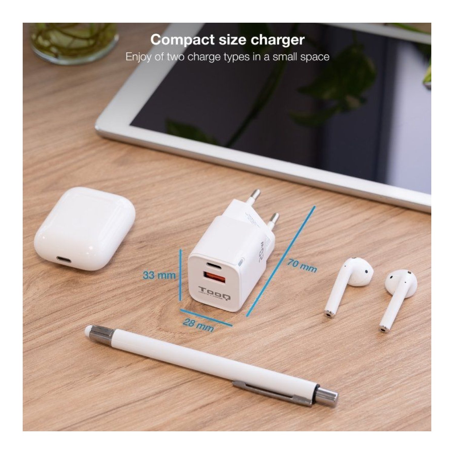 TooQ Cargador Pared · 20W · USB-C + USB · Blanco