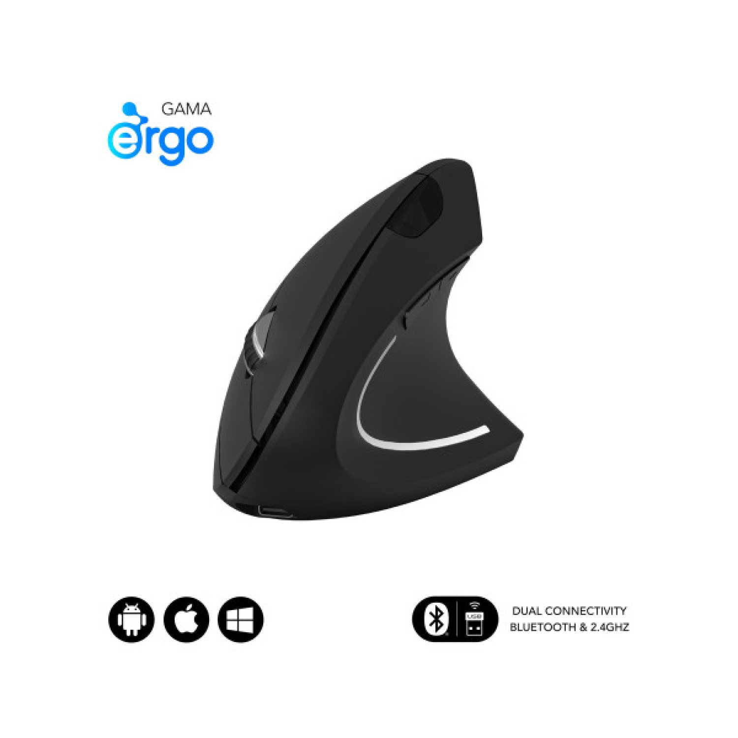 Subblim Glide Vertical Ergo · Ratón Inalámbrico · 1600 DPI · Batería Recargable · Negro