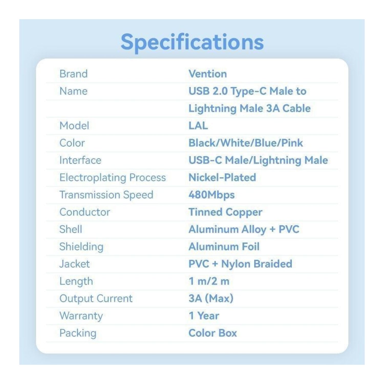 Vention Cable USB-C a Lightning · 2m · 27W · 480Mbps · Blanco