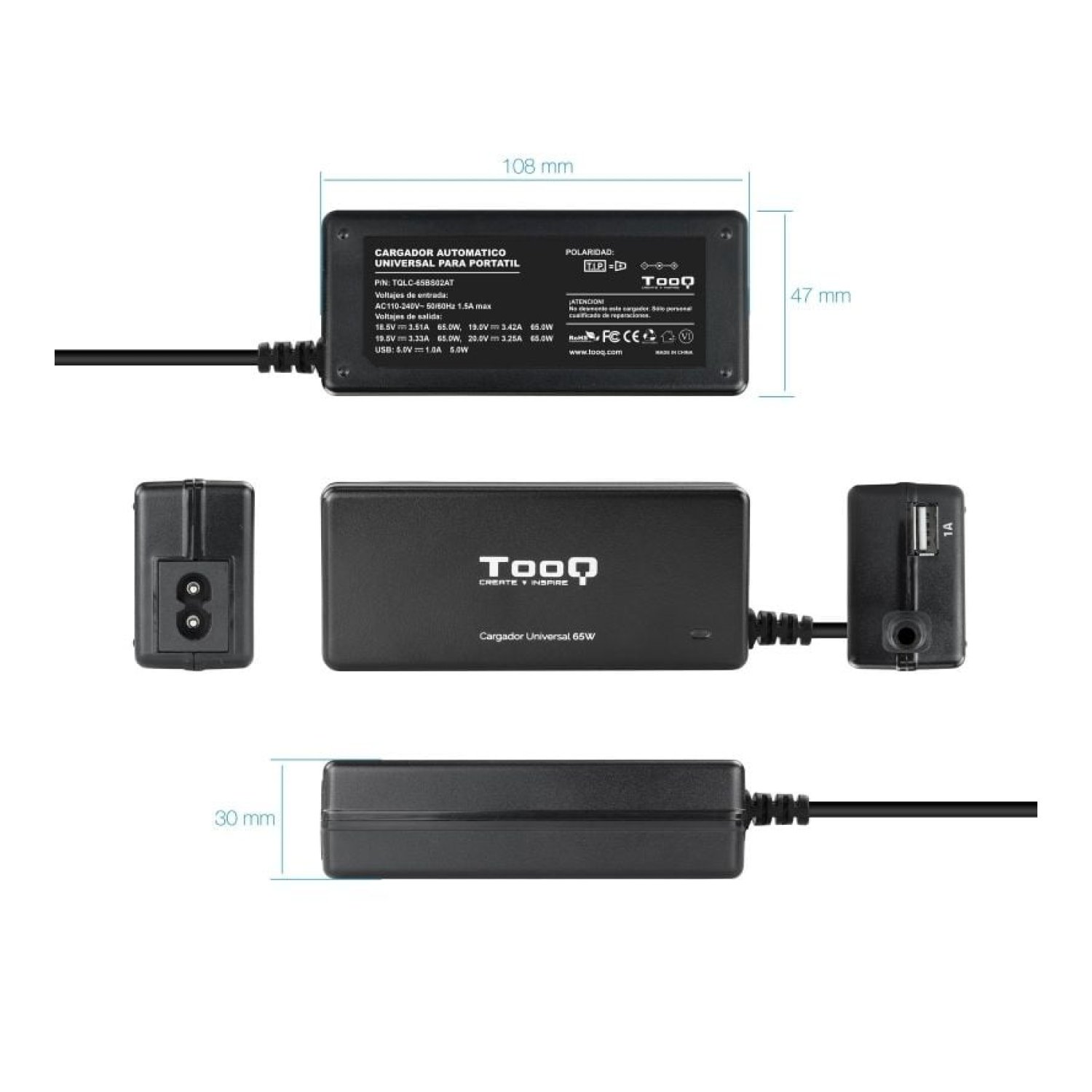 TooQ Cargador Portátil 65W · USB · 8 Conectores · 18.5-20V