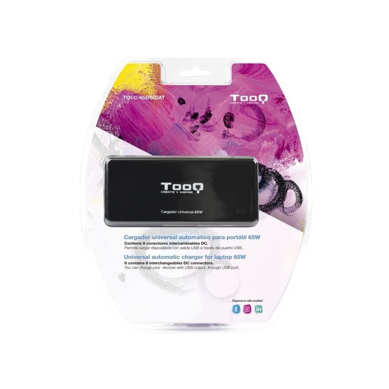 TooQ Cargador Portátil 65W · USB · 8 Conectores · 18.5-20V