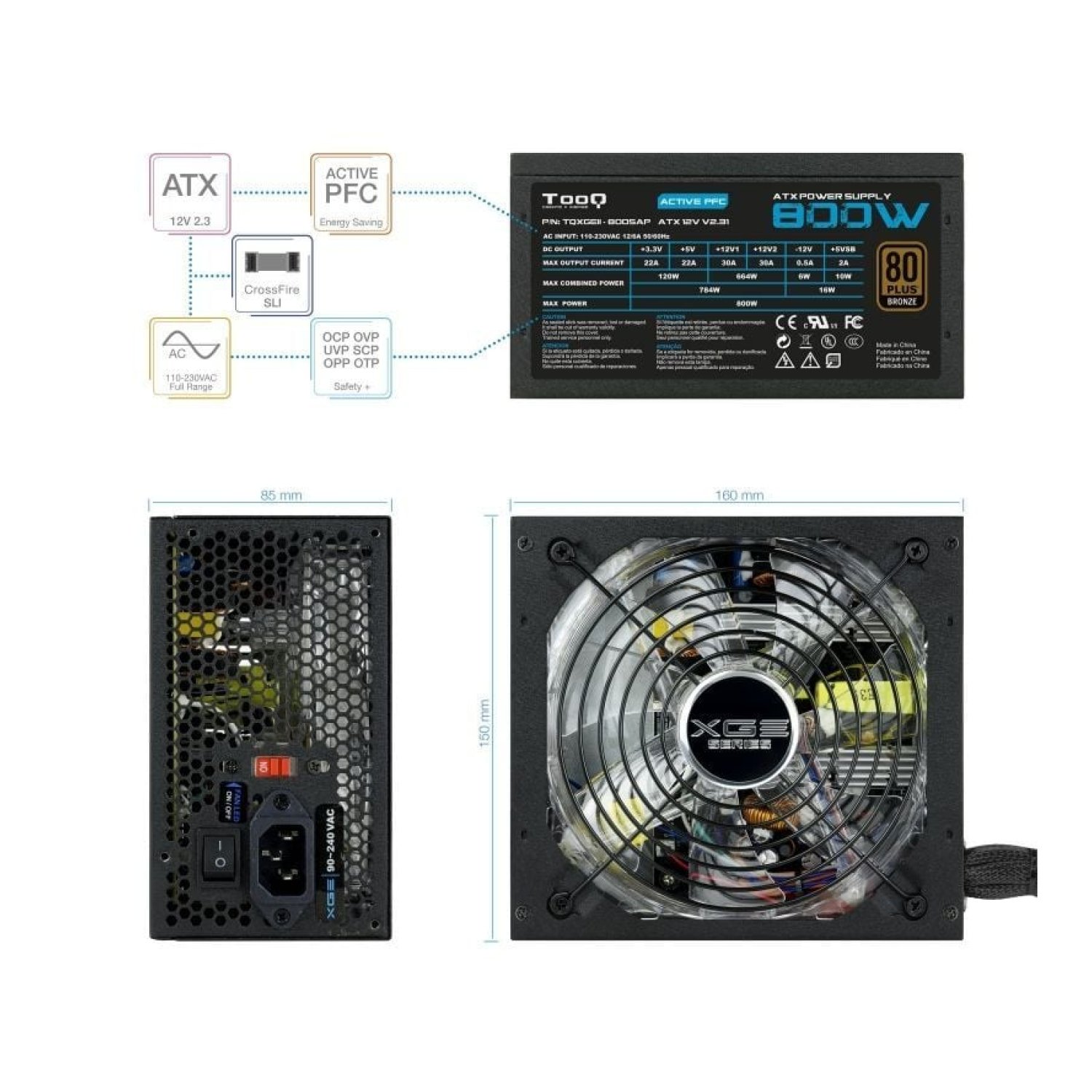 TooQ TQXGEII · Fuente 800W · 80 Plus Bronze · Ventilador 14cm