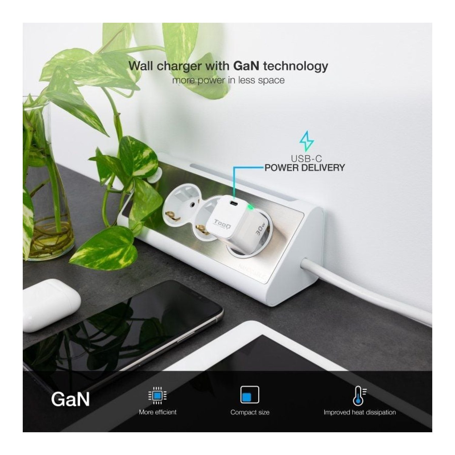 TOOQ Cargador GaN · 30W · 1x USB Tipo-C · Pared