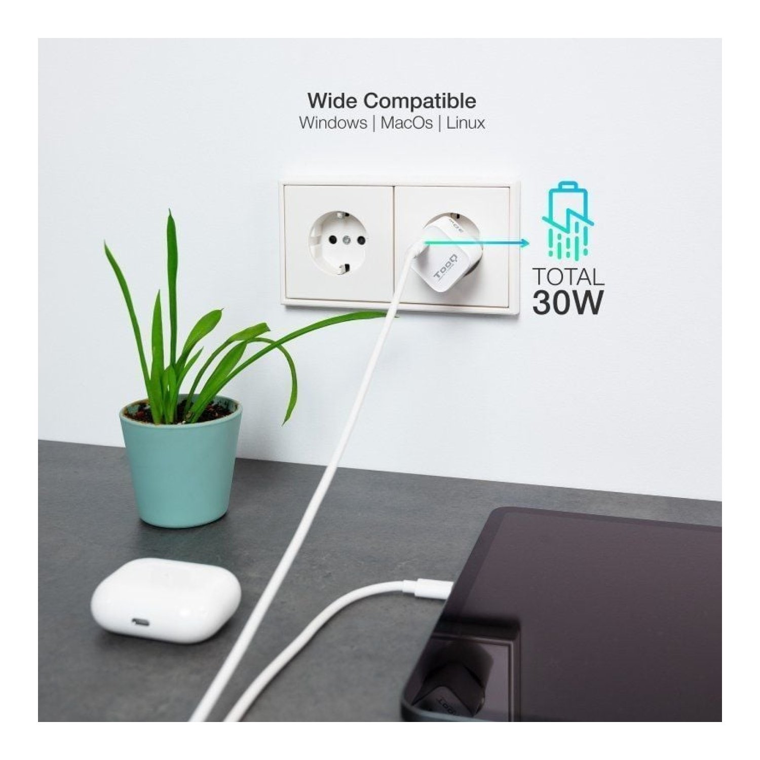 TOOQ Cargador GaN · 30W · 1x USB Tipo-C · Pared